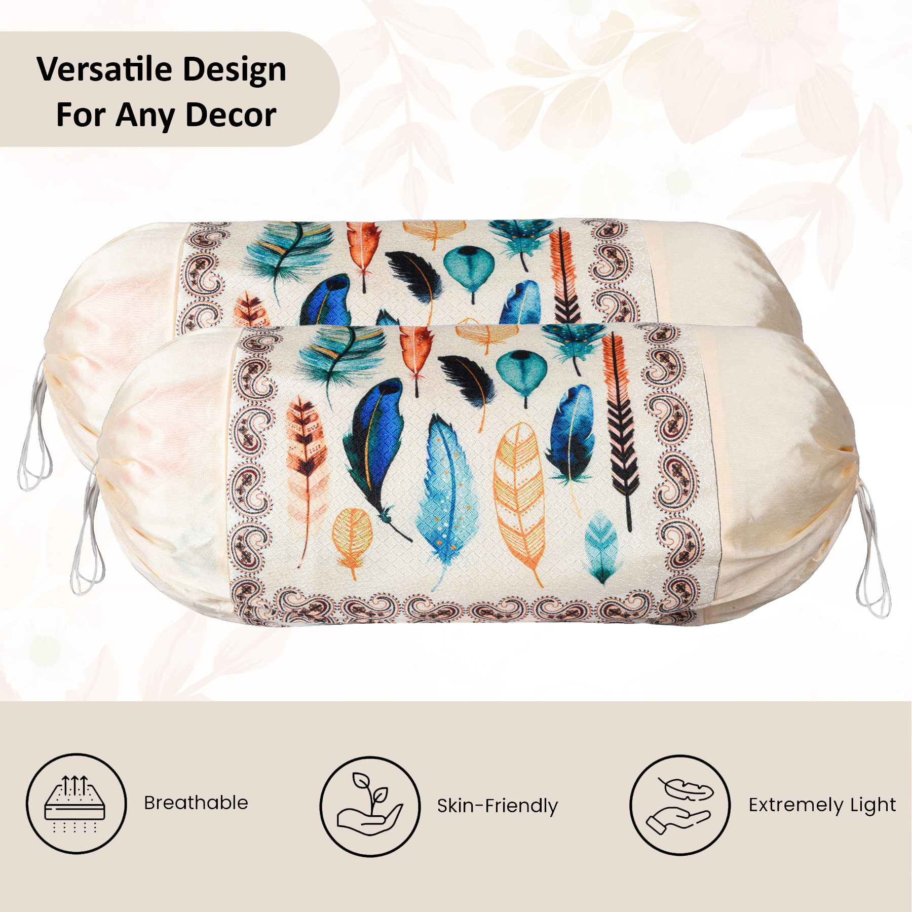 Kuber Industries Set of 2 BolsterSide Pillow Cover  16x32 Cylindrical MaslandMasand Long Pillow Cover For Diwan Pillows  Multi Feather-Cream
