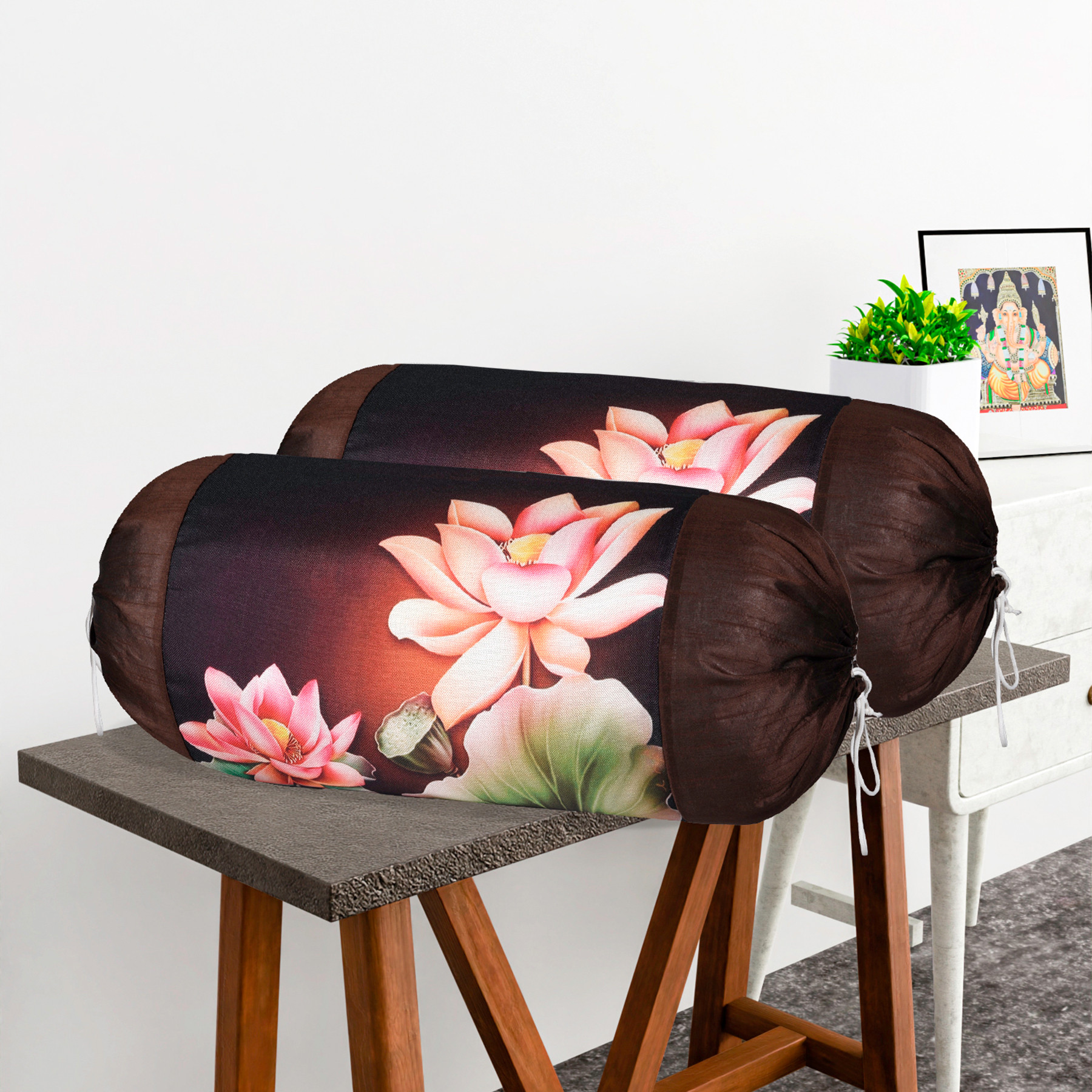 Kuber Industries Set of 2 BolsterSide Pillow Cover  16x32 Cylindrical MaslandMasand Long Pillow Cover For Diwan Pillows  Floral-Brown