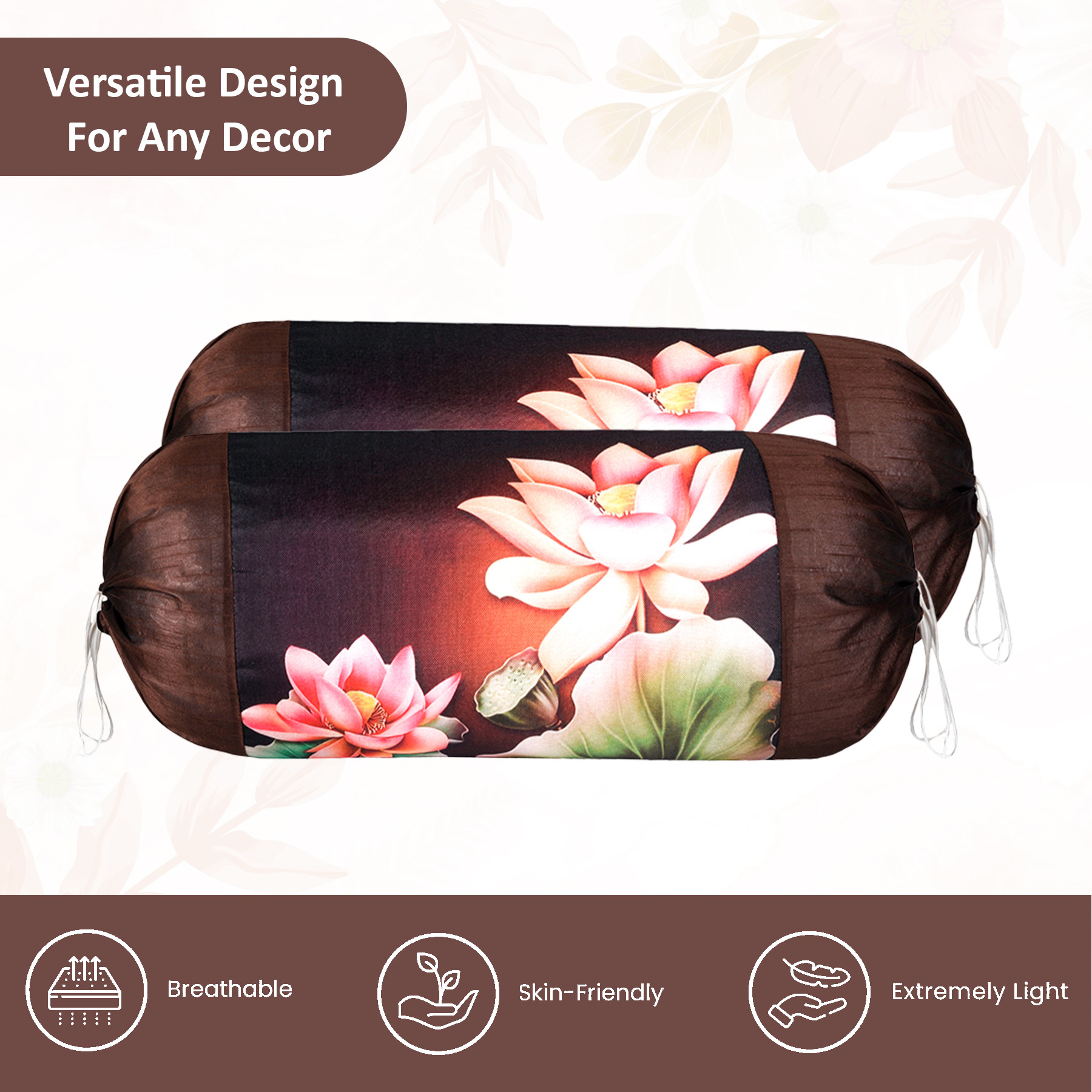 Kuber Industries Set of 2 BolsterSide Pillow Cover  16x32 Cylindrical MaslandMasand Long Pillow Cover For Diwan Pillows  Floral-Brown