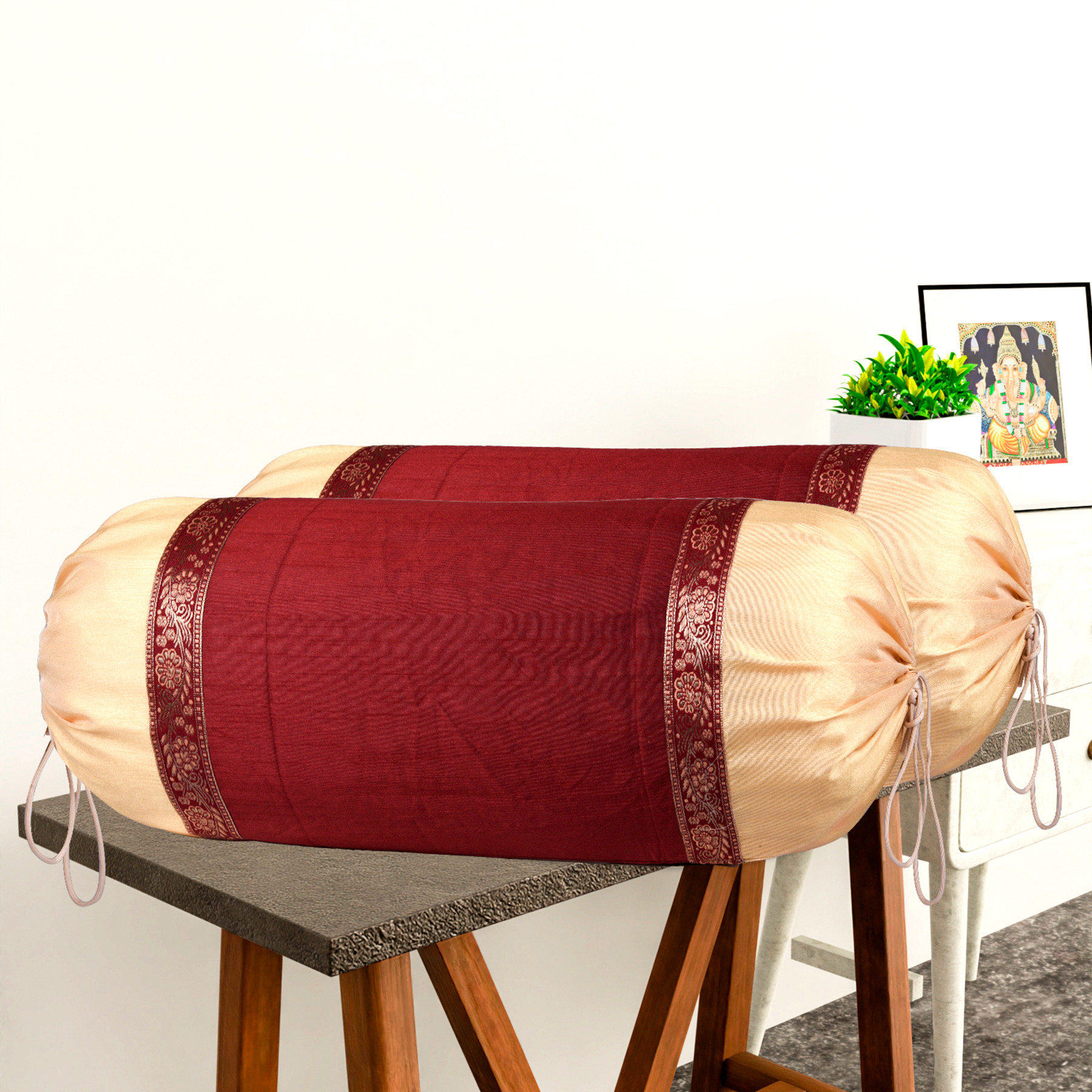 Kuber Industries Set of 2 BolsterSide Pillow Cover  16x32 Cylindrical MaslandMasand Long Pillow Cover For Diwan Pillows  Gold  Maroon