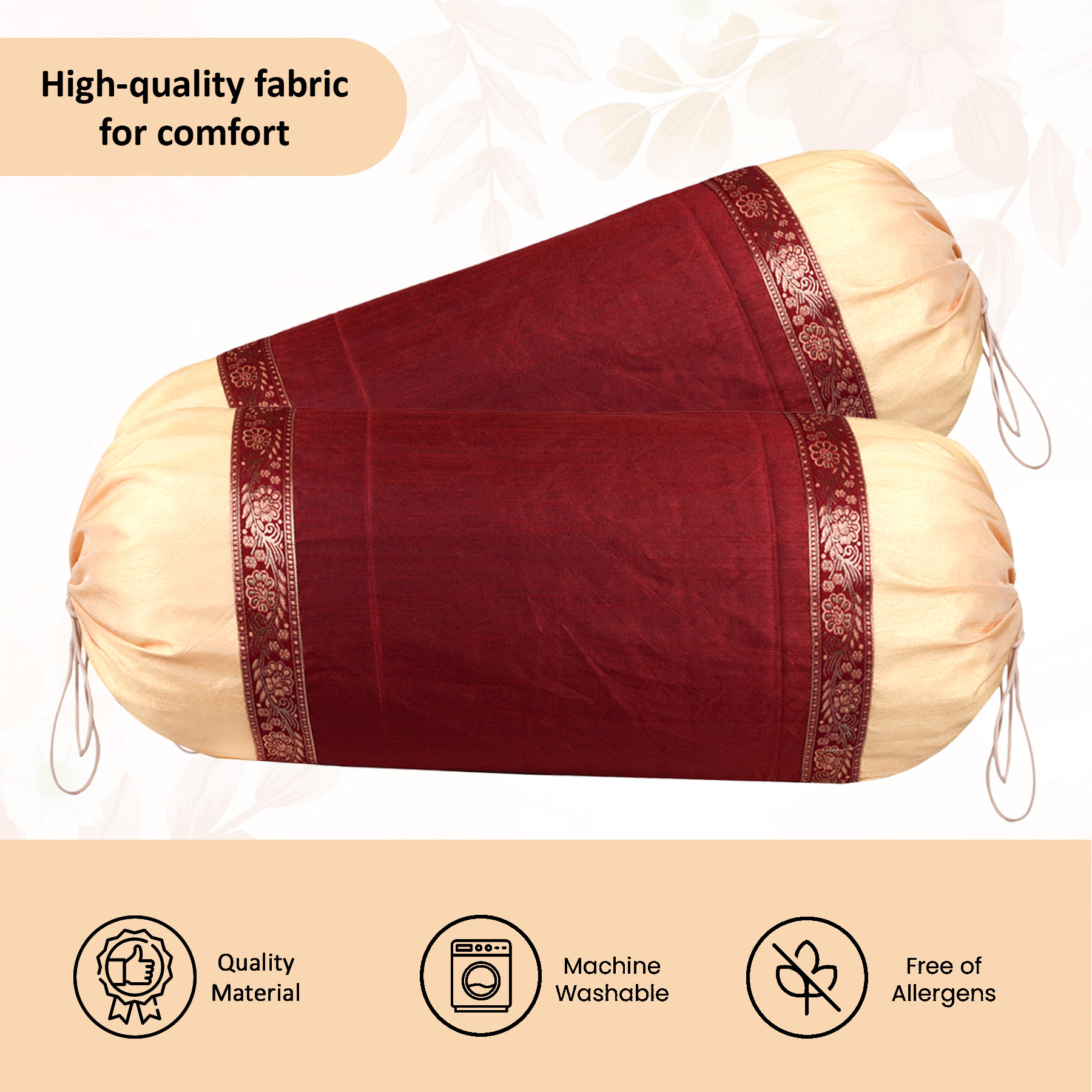 Kuber Industries Set of 2 BolsterSide Pillow Cover  16x32 Cylindrical MaslandMasand Long Pillow Cover For Diwan Pillows  Gold  Maroon