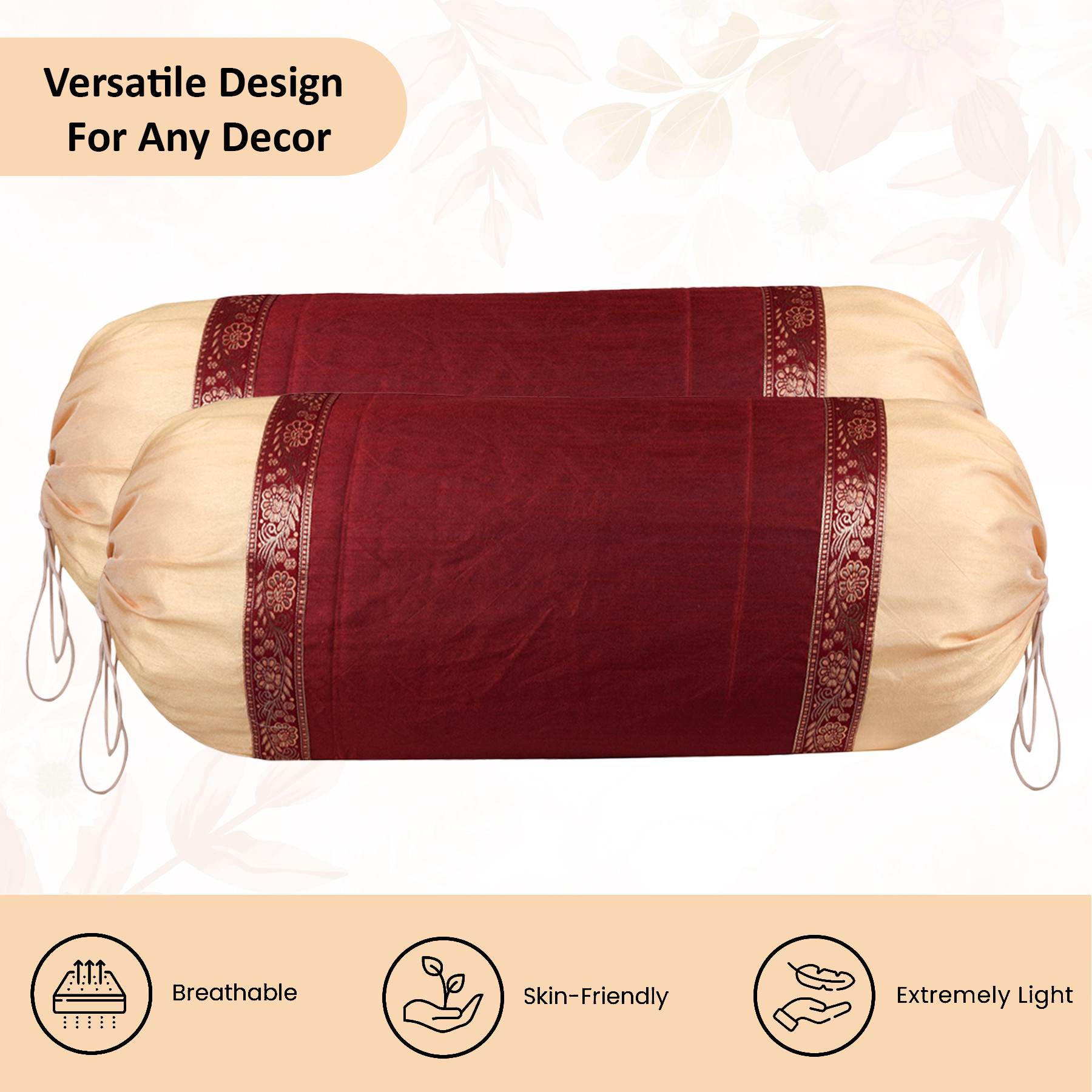 Kuber Industries Set of 2 BolsterSide Pillow Cover  16x32 Cylindrical MaslandMasand Long Pillow Cover For Diwan Pillows  Gold  Maroon