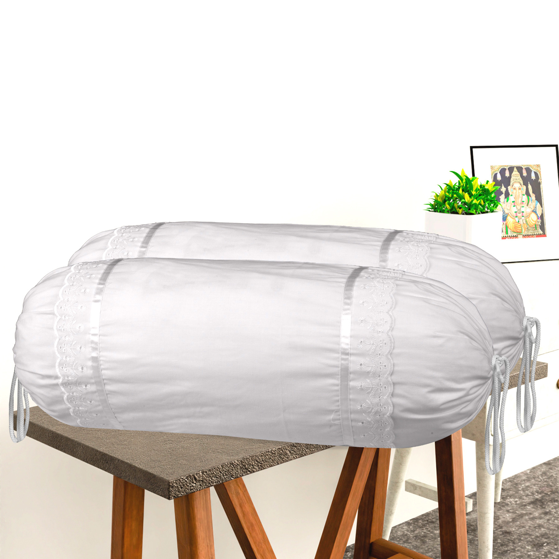 Kuber Industries Set of 2 BolsterSide Pillow Cover  16x32 Cylindrical MaslandMasand Long Pillow Cover For Diwan Pillows  Floral Border-Grey