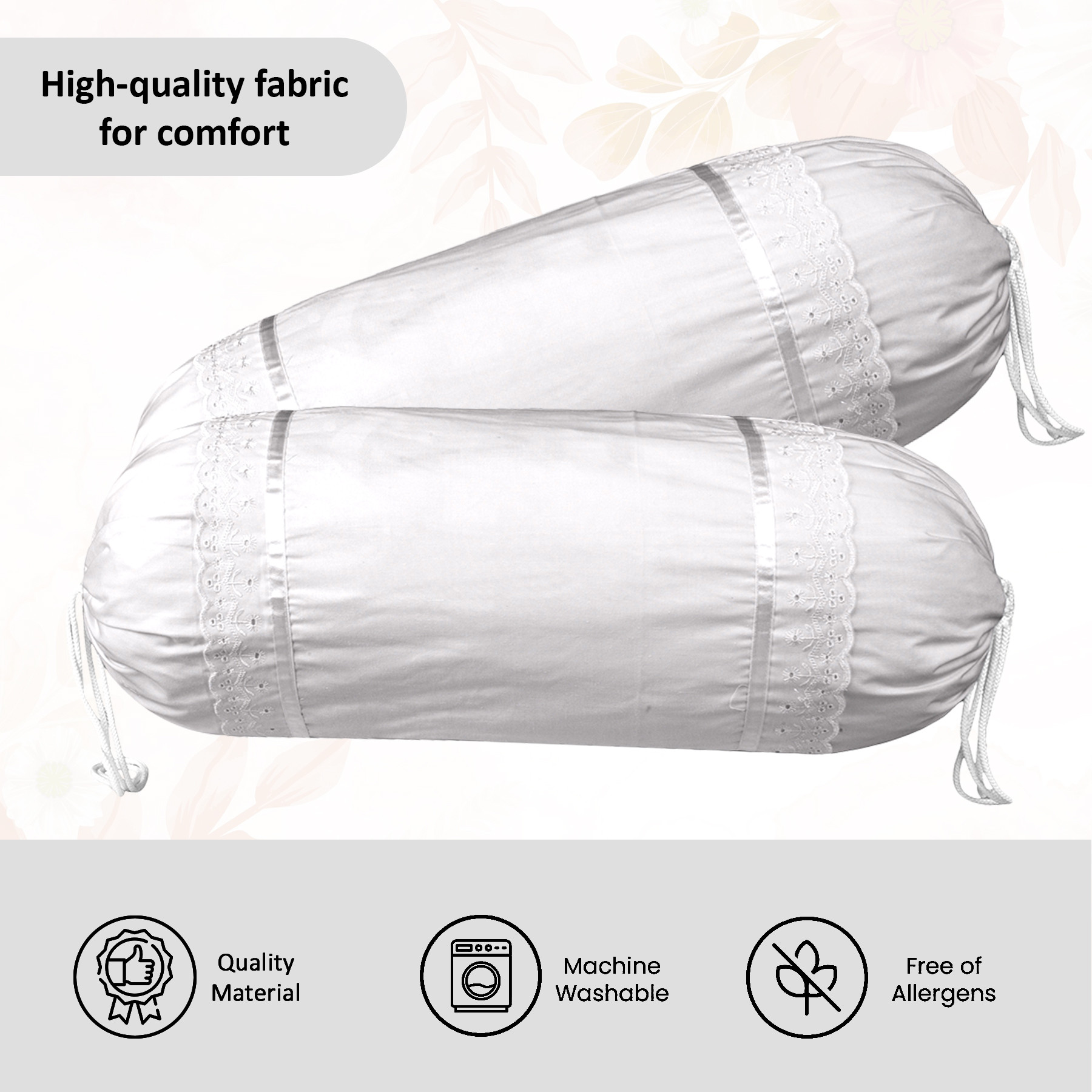 Kuber Industries Set of 2 BolsterSide Pillow Cover  16x32 Cylindrical MaslandMasand Long Pillow Cover For Diwan Pillows  Floral Border-Grey