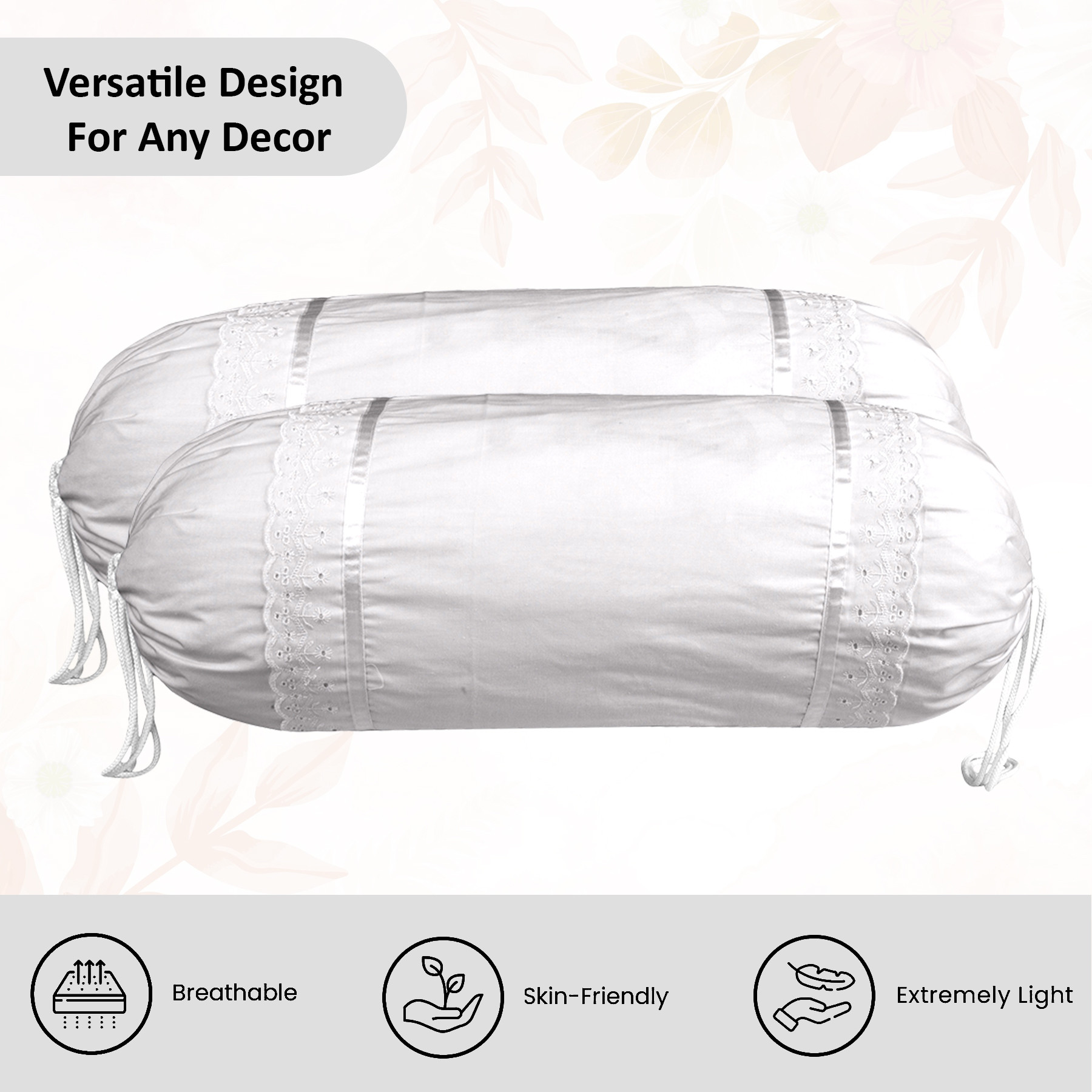 Kuber Industries Set of 2 BolsterSide Pillow Cover  16x32 Cylindrical MaslandMasand Long Pillow Cover For Diwan Pillows  Floral Border-Grey