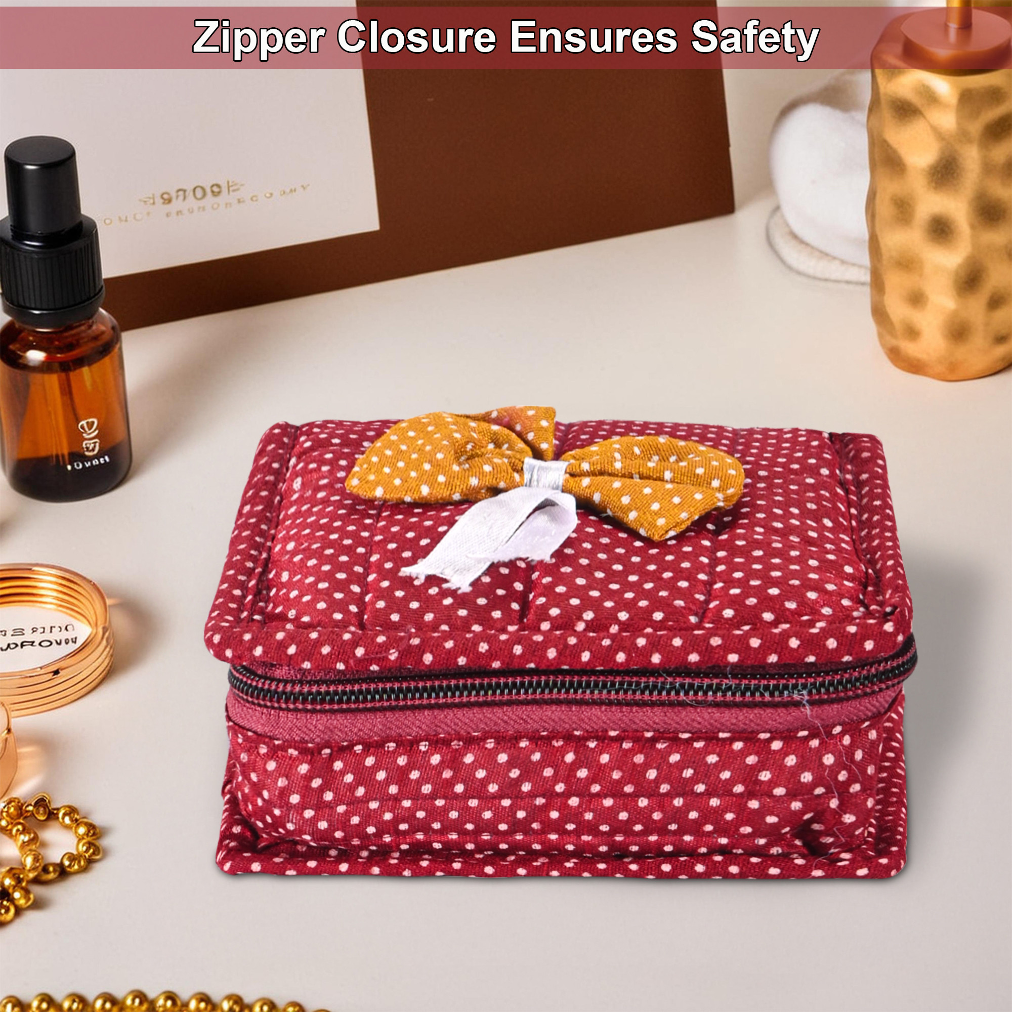 Kuber Industries Set of 2 Cotton Small Jewellery Pouches for Storage with 5 Compartments  Jewellery Kit  Bag  Organiser for Women  Bow Dot Print - Maroon