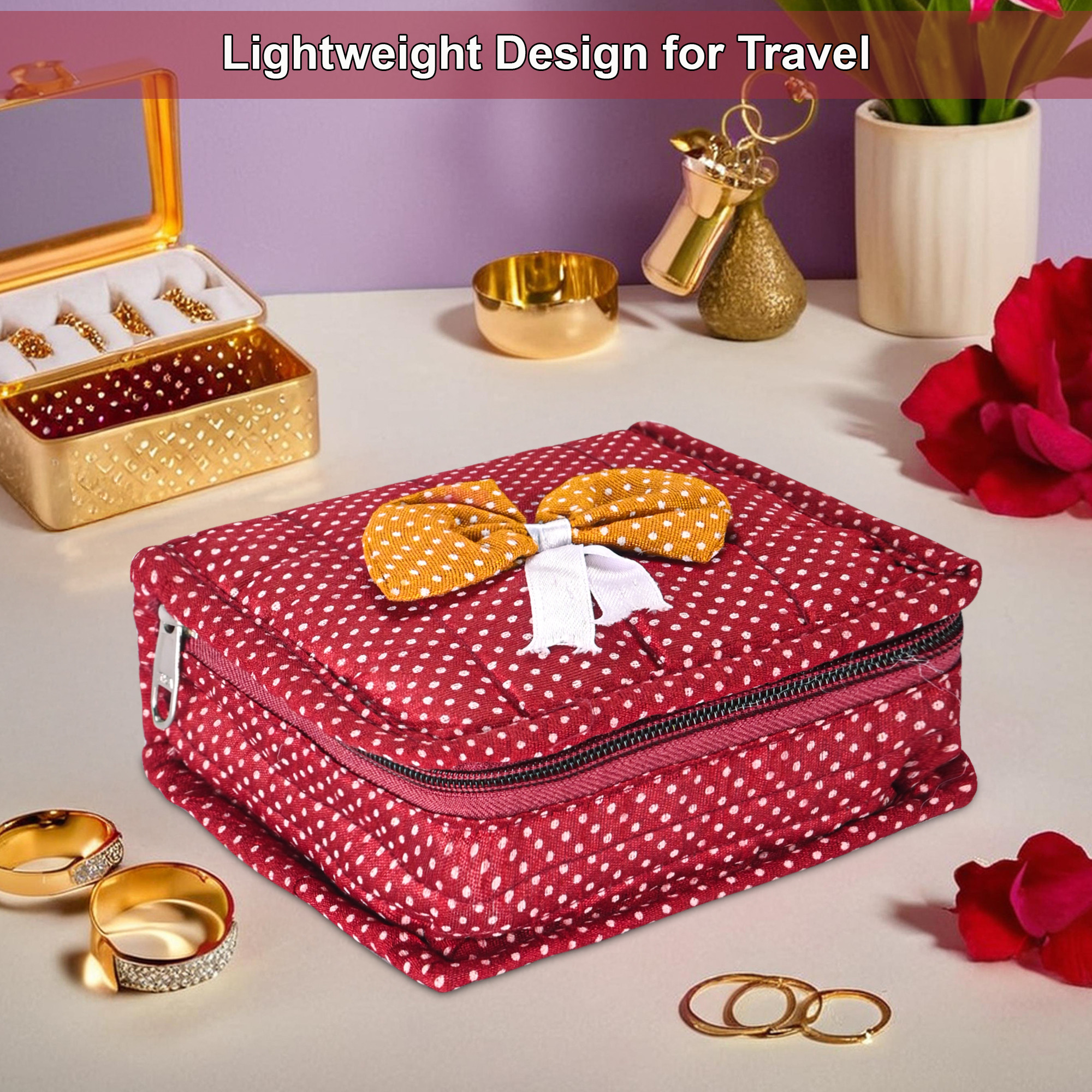 Kuber Industries Set of 2 Cotton Small Jewellery Pouches for Storage with 5 Compartments  Jewellery Kit  Bag  Organiser for Women  Bow Dot Print - Maroon