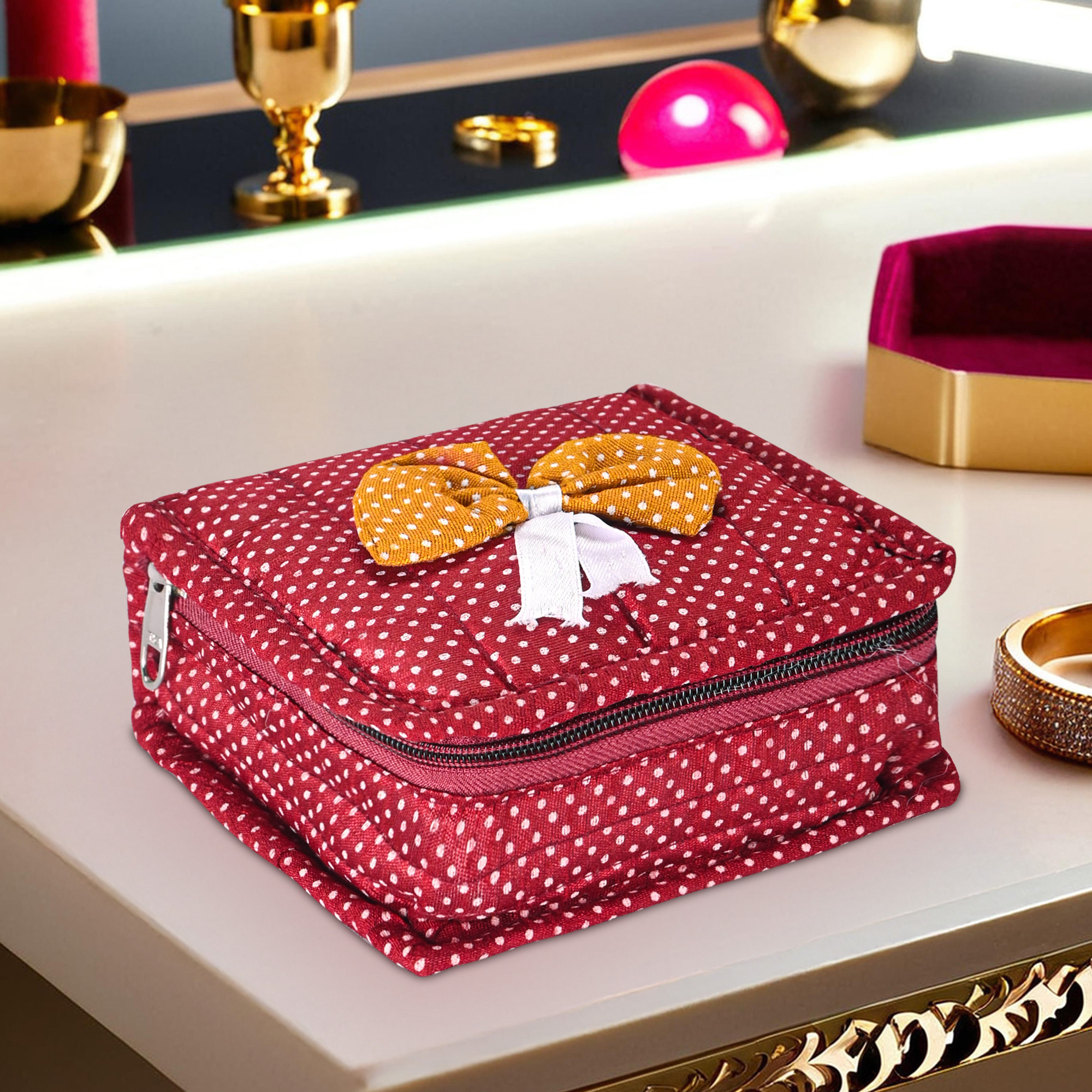 Kuber Industries Set of 2 Cotton Small Jewellery Pouches for Storage with 5 Compartments  Jewellery Kit  Bag  Organiser for Women  Bow Dot Print - Maroon