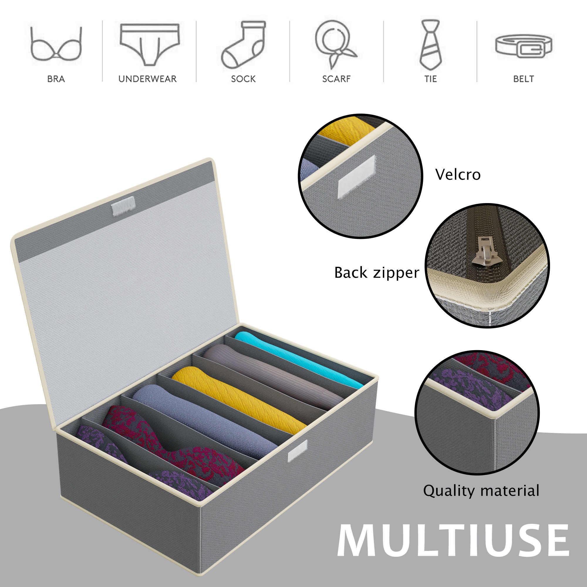 Kuber Industries Set of 2 Foldable Multicompartment Socks Organizer for Wardrobe  Cloth Organizer for Storage  Tie Socks  Underwear Organisers Storage Box for Closet  LJ-17-GRY  Grey