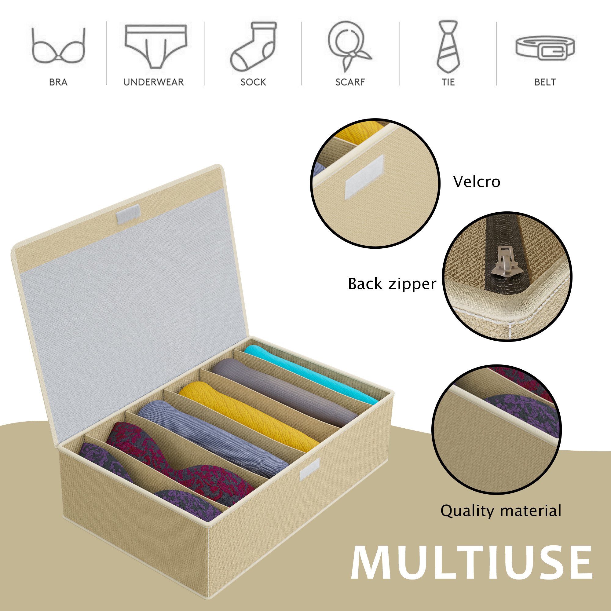 Kuber Industries Set of 2 Foldable Multicompartment Socks Organizer for Wardrobe  Cloth Organizer for Storage  Tie Socks  Underwear Organisers Storage Box for Closet  LJ-17-BG  Beige