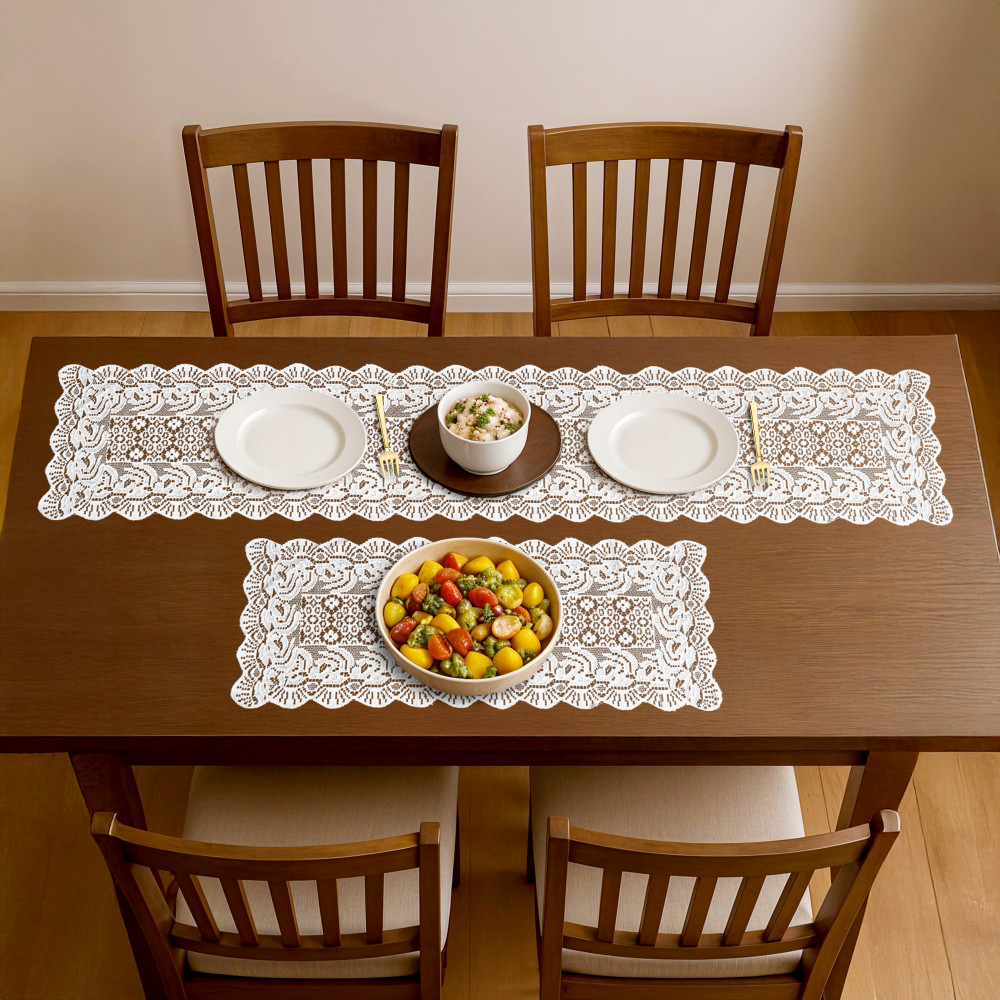 Image of Kuber Industries Set of 2 Pcs Net Cotton Soft Table Runner for 6 Seater Dining Table and 4 Seater Center | Home Decoration Items For Living Room and Dining | White Plain Net Vintage