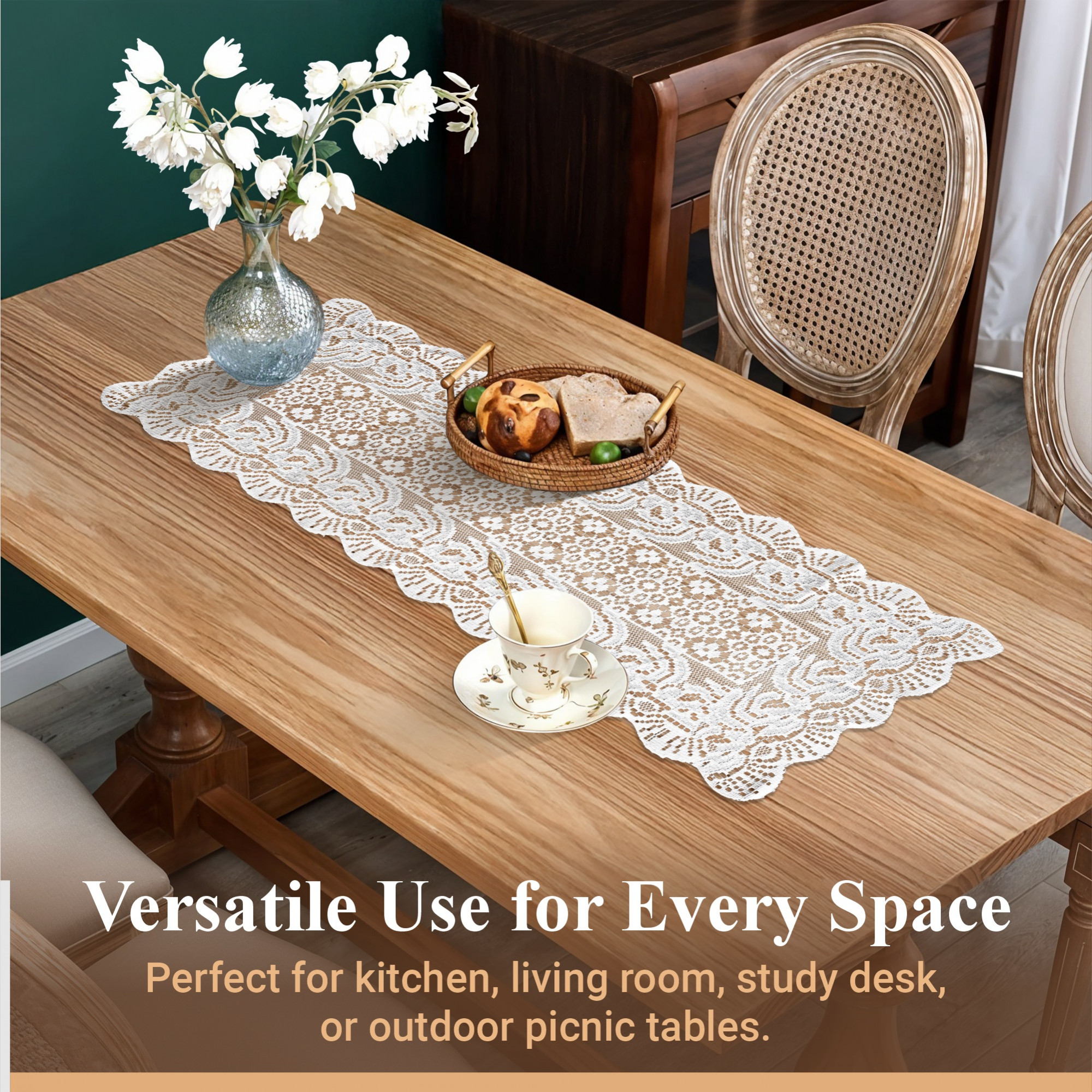 Kuber Industries Set of 2 Pcs Net Cotton Soft Table Runner for 6 Seater Dining Table and 4 Seater Center  Home Decoration Items For LivingRoomandDining  White Plain Net Vintage
