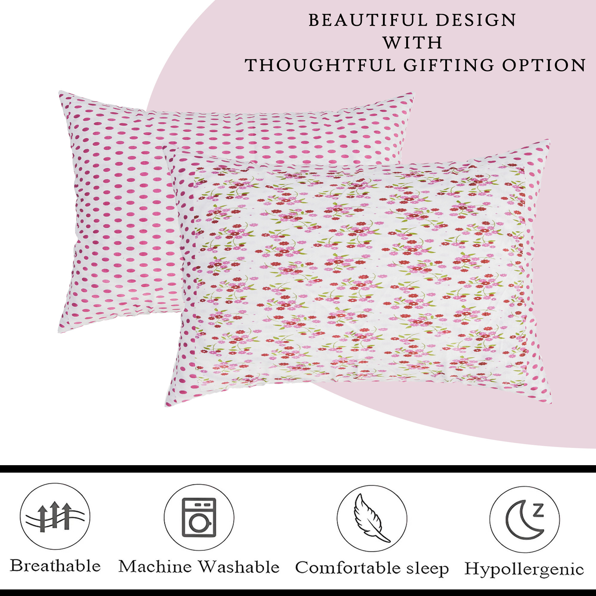 Kuber Industries Set of 2 Pillow Cover  Premium Cotton Pillow Cover  Cushion Pillow Cover Set  Pillow Cover for Bedroom  Pillow Cover for Living Room  Dot Pink Flower  White