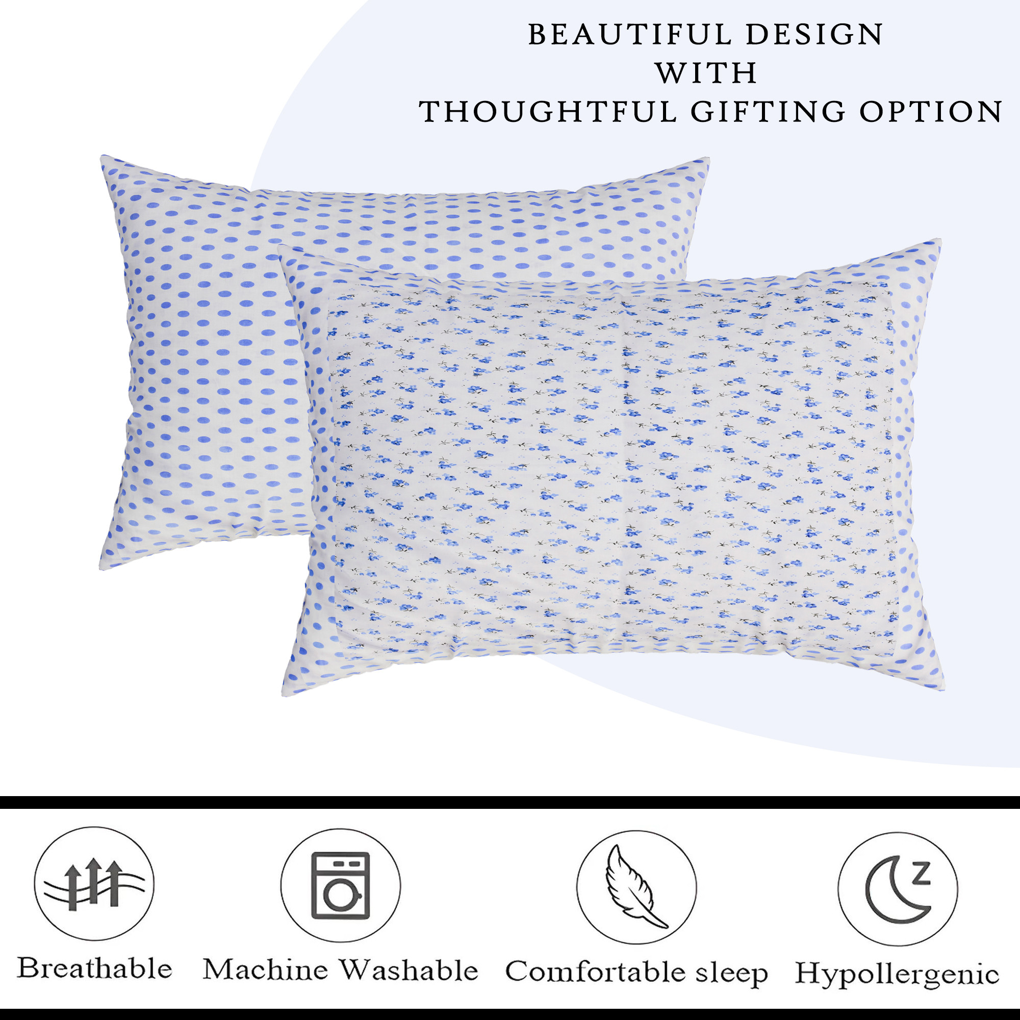 Kuber Industries Set of 2 Pillow Cover  Premium Cotton Pillow Cover  Cushion Pillow Cover Set  Pillow Cover for Bedroom  Pillow Cover for Living Room  Dot Blue Flower  White