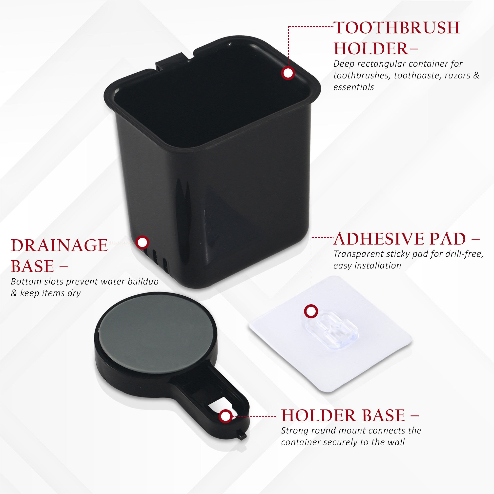 Kuber Industries Set of 2 Plastic Self-Adhesive Toothpaste Holder  Tooth Brush Holder Bathroom Wall Mounted  Bathroom Organiser without Drill  Black