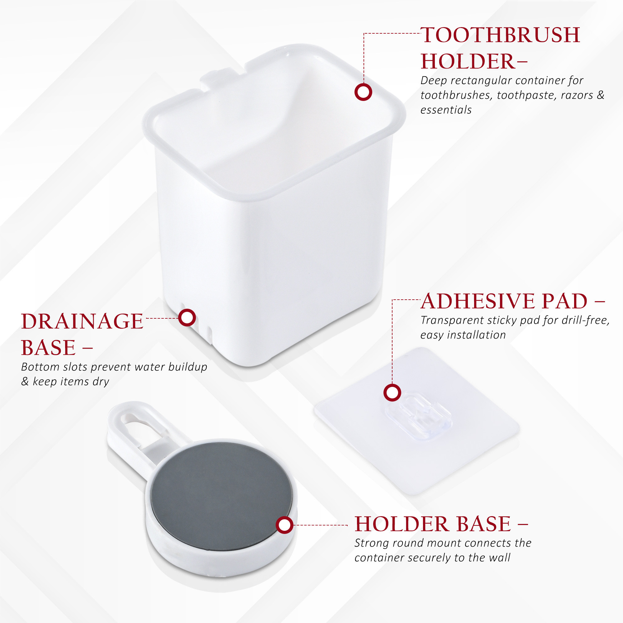 Kuber Industries Set of 2 Plastic Self-Adhesive Toothpaste Holder  Tooth Brush Holder Bathroom Wall Mounted  Bathroom Organiser without Drill  White