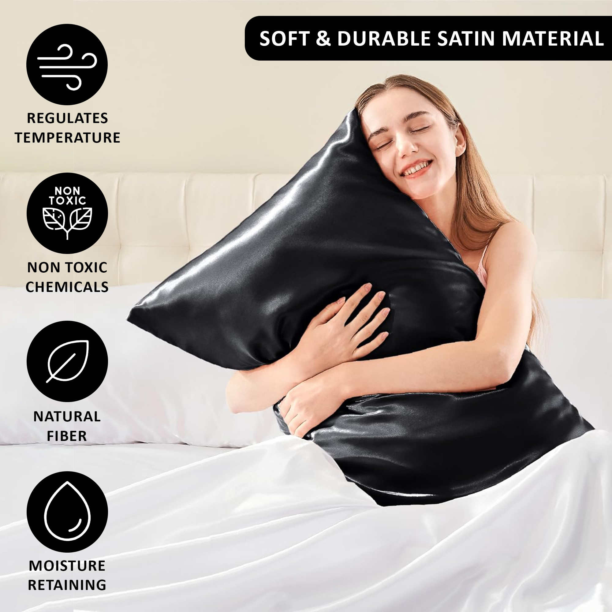 Kuber Industries Set of 2 Satin Pillow Covers for Hair with 3 Satin Scrunchies for Women  Envelope Closure  Multi-Purpose Plain  Soft Pillow Cover Satin forHairandSkin  Charcoal Black