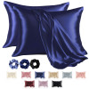 Set of 2 Satin Pillow Covers for Hair with 3 Satin Scrunchies for Women &amp; Envelope Closure | Multi-Purpose Plain &amp; Soft Pillow Cover Satin for Hair and Skin | Navy Blue