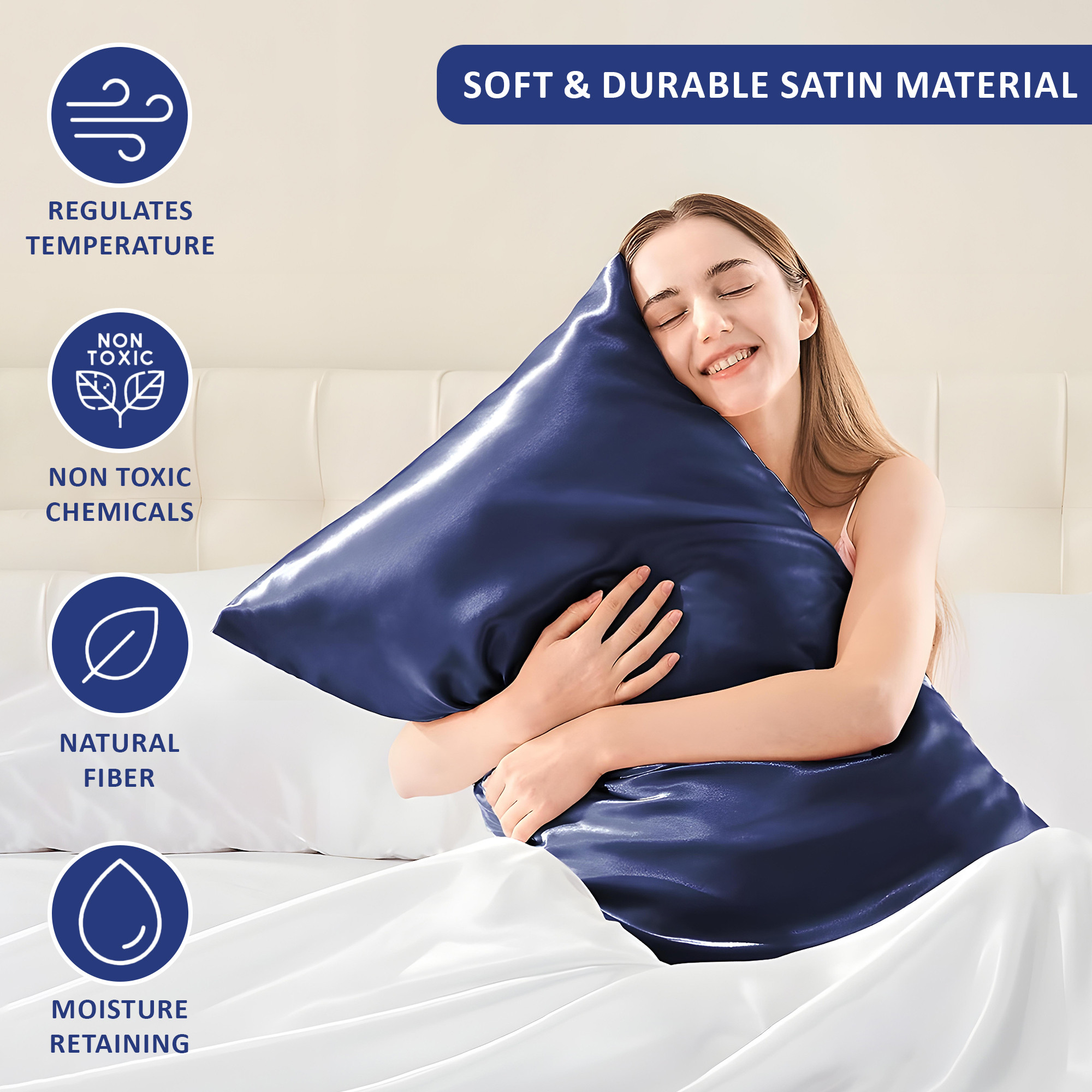 Kuber Industries Set of 2 Satin Pillow Covers for Hair with 3 Satin Scrunchies for Women  Envelope Closure  Multi-Purpose Plain  Soft Pillow Cover Satin forHairandSkin  Navy Blue