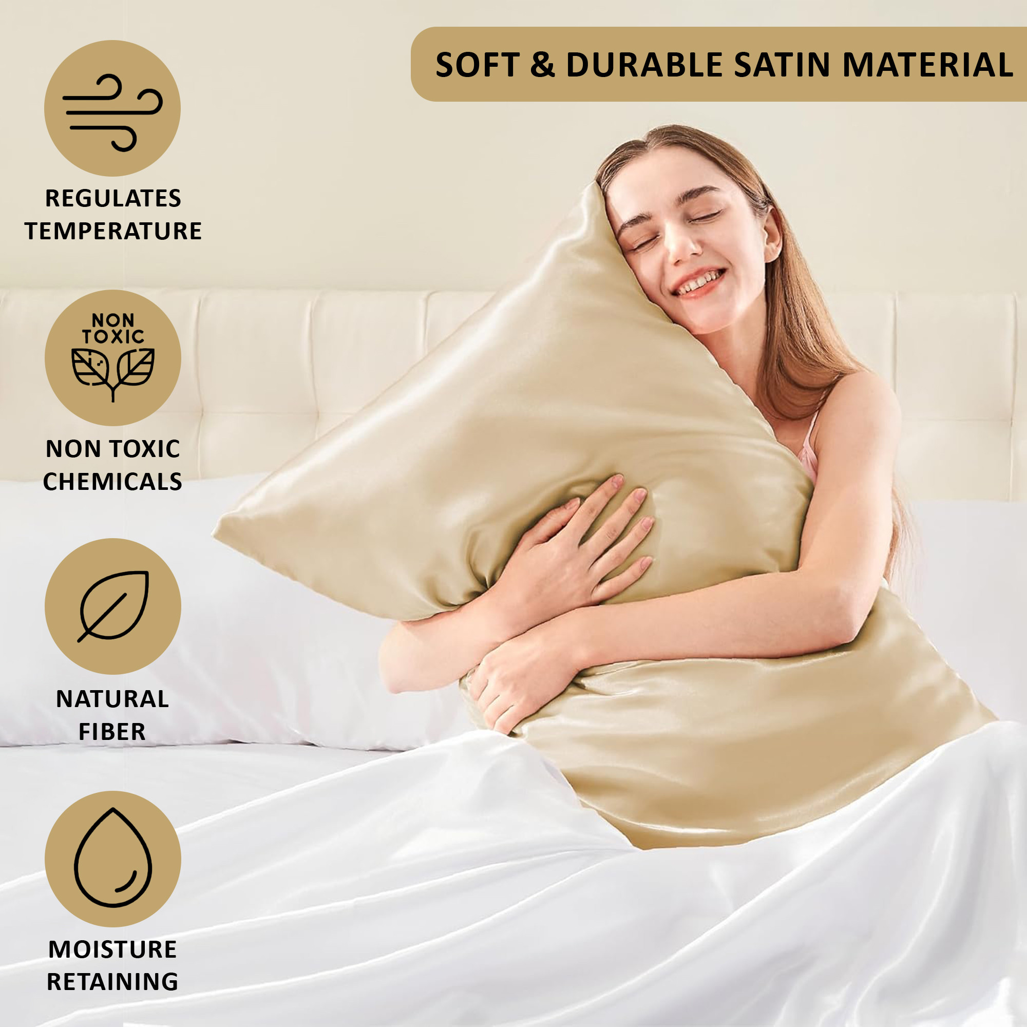 Kuber Industries Set of 2 Satin Pillow Covers for Hair with 3 Satin Scrunchies for Women  Envelope Closure  Multi-Purpose Plain  Soft Pillow Cover Satin forHairandSkin  Champagne