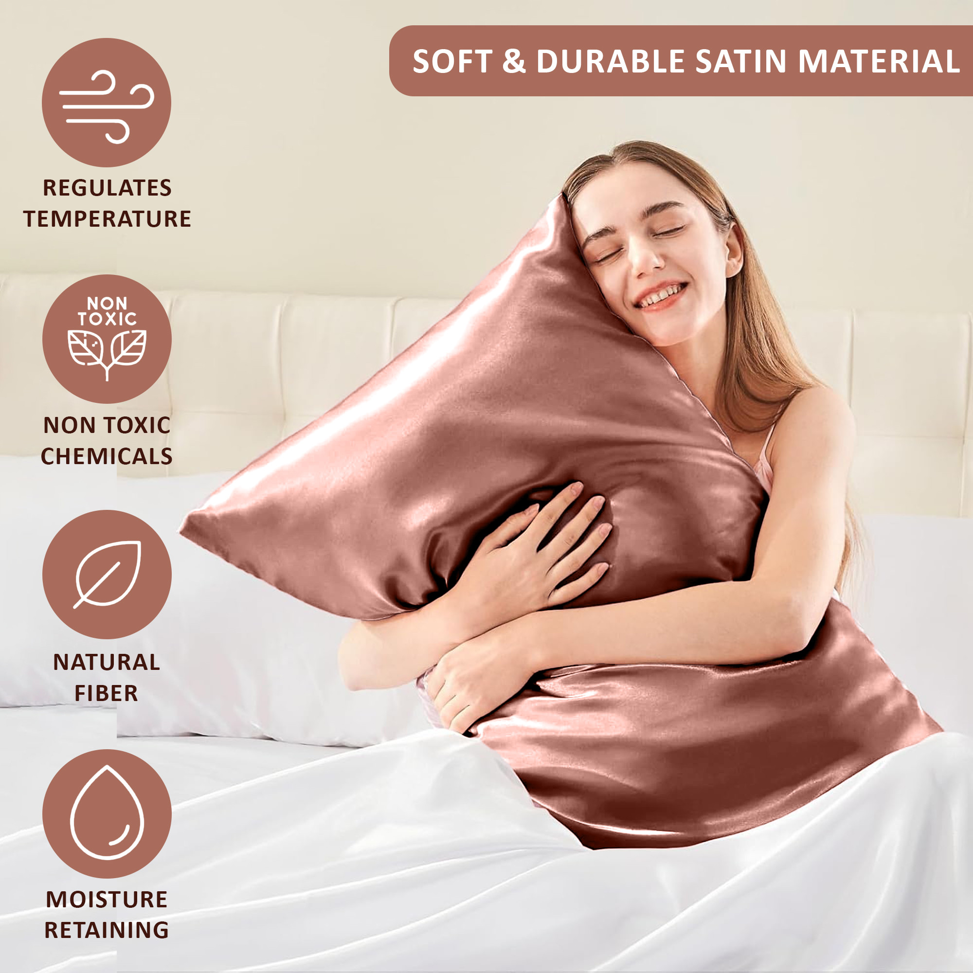 Kuber Industries Set of 2 Satin Pillow Covers for Hair with 3 Satin Scrunchies for Women  Envelope Closure  Multi-Purpose Plain  Soft Pillow Cover Satin forHairandSkin  Subtle Copper