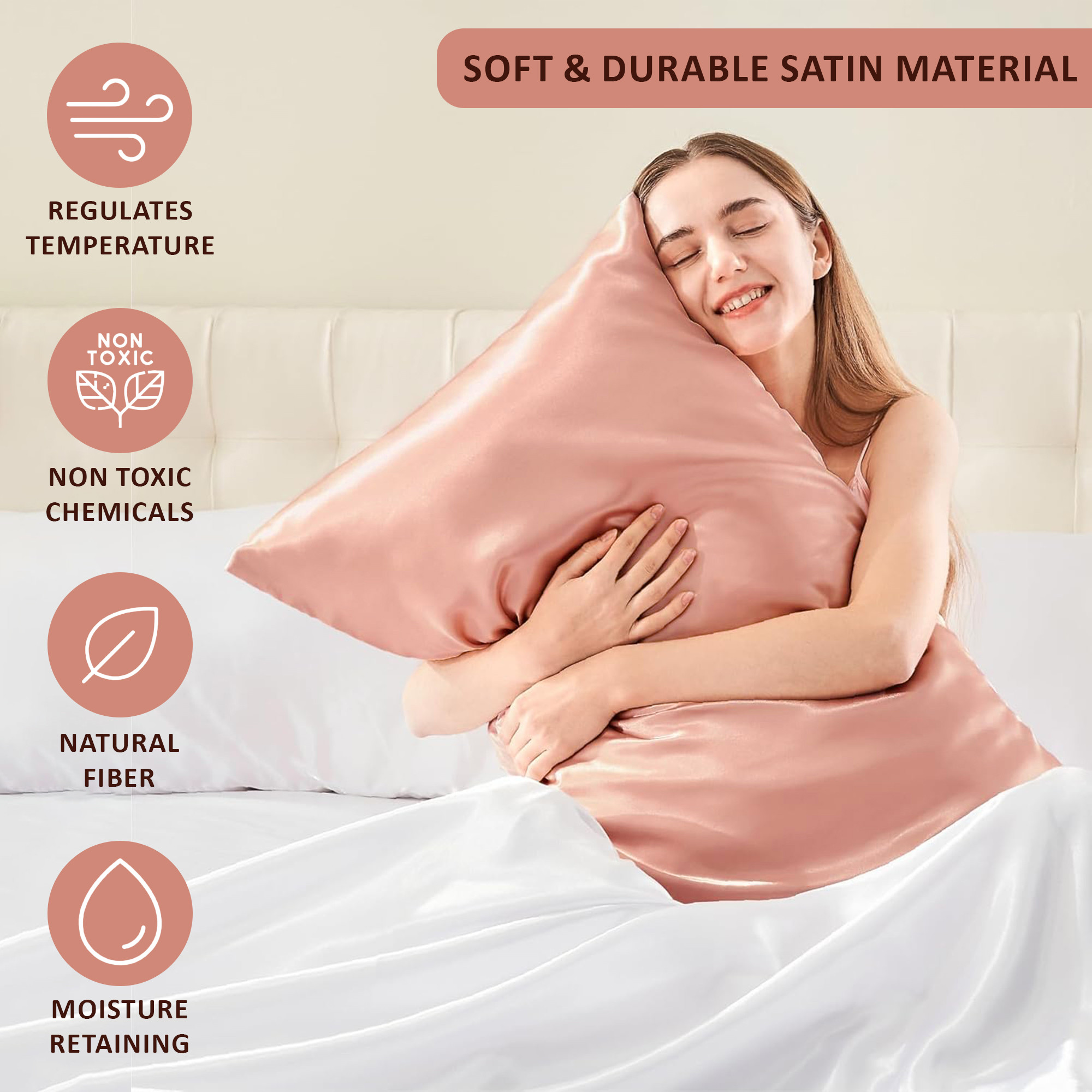 Kuber Industries Set of 2 Satin Pillow Covers for Hair with 3 Satin Scrunchies for Women  Envelope Closure  Multi-Purpose Plain  Soft Pillow Cover Satin forHairandSkin  Salmon Pink