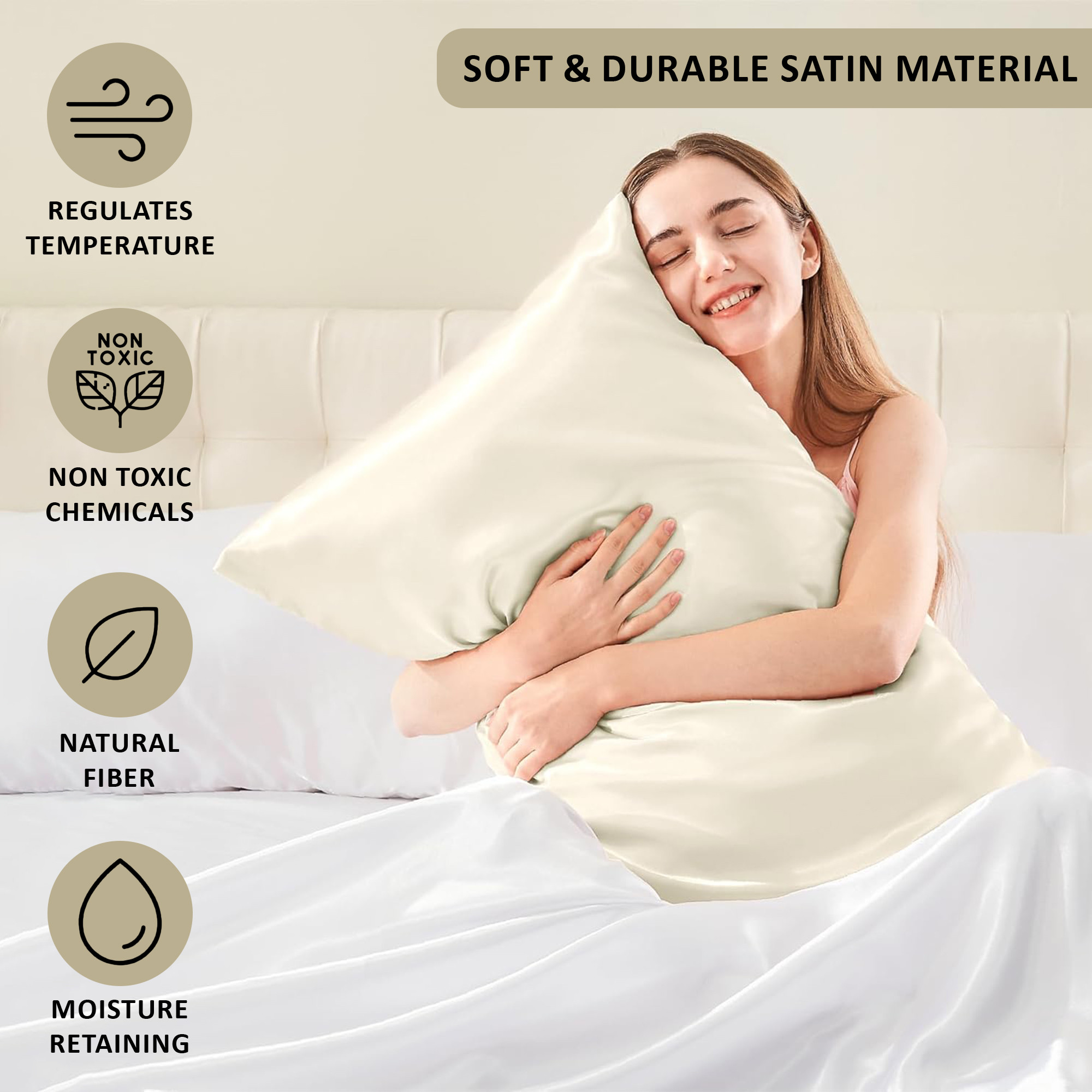 Kuber Industries Set of 2 Satin Pillow Covers for Hair with 3 Satin Scrunchies for Women  Envelope Closure  Multi-Purpose Plain  Soft Pillow Cover Satin forHairandSkin  Off White
