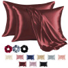 Set of 2 Satin Pillow Covers for Hair with 3 Satin Scrunchies for Women &amp; Envelope Closure | Multi-Purpose Plain &amp; Soft Pillow Cover Satin for Hair and Skin | Cherry Red