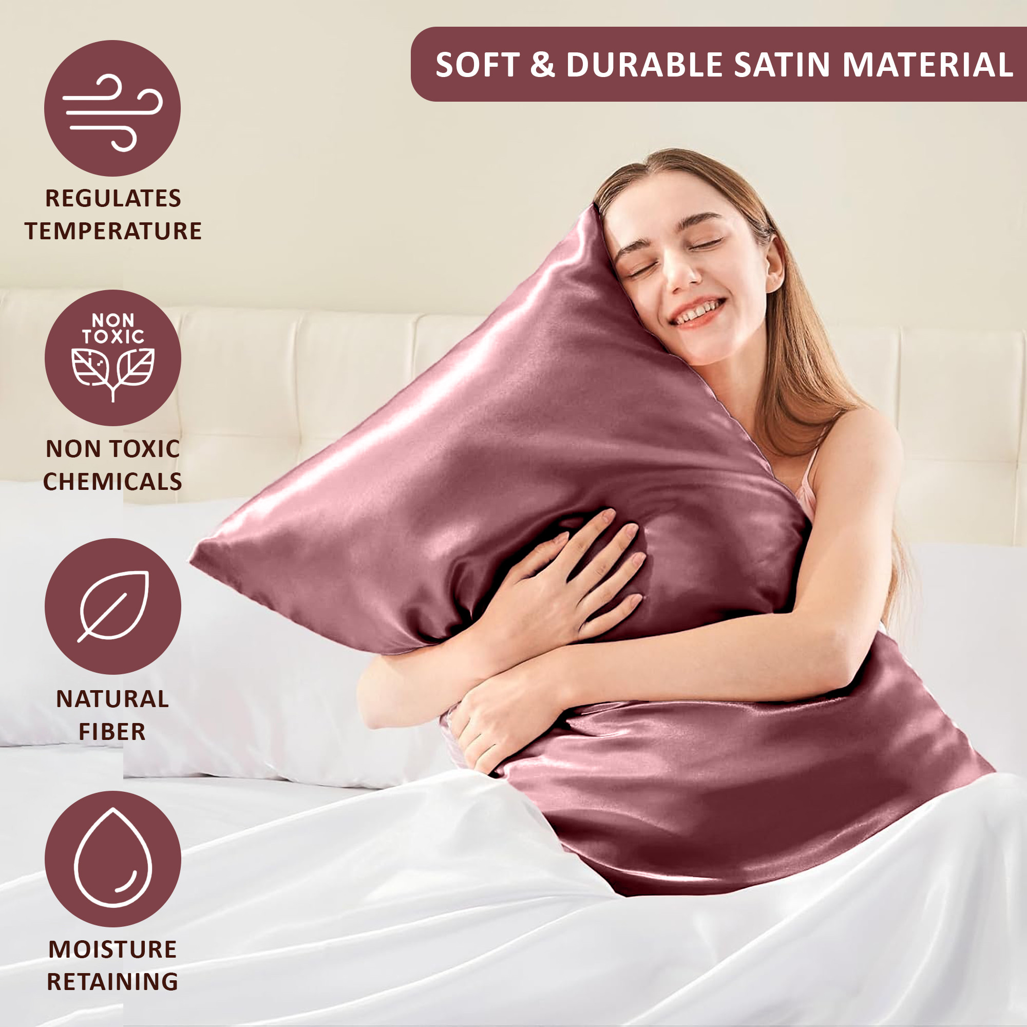 Kuber Industries Set of 2 Satin Pillow Covers for Hair with 3 Satin Scrunchies for Women  Envelope Closure  Multi-Purpose Plain  Soft Pillow Cover Satin forHairandSkin  Rose Gold