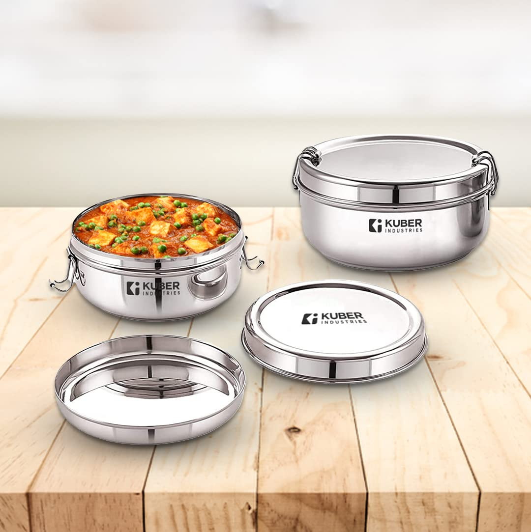 Kuber Industries Set of 2 Stainless Steel Food Pack Lunch Box with Locking ClipI 250 ml and 400 ml I Clip Tiffin Box I Office Home School Tiffin Dabba