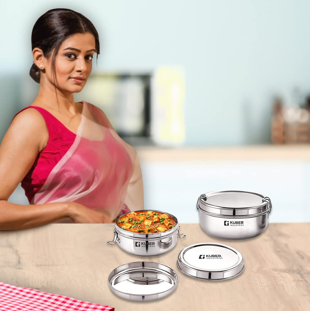 Kuber Industries Set of 2 Stainless Steel Food Pack Lunch Box with Locking ClipI 250 ml and 400 ml I Clip Tiffin Box I Office Home School Tiffin Dabba