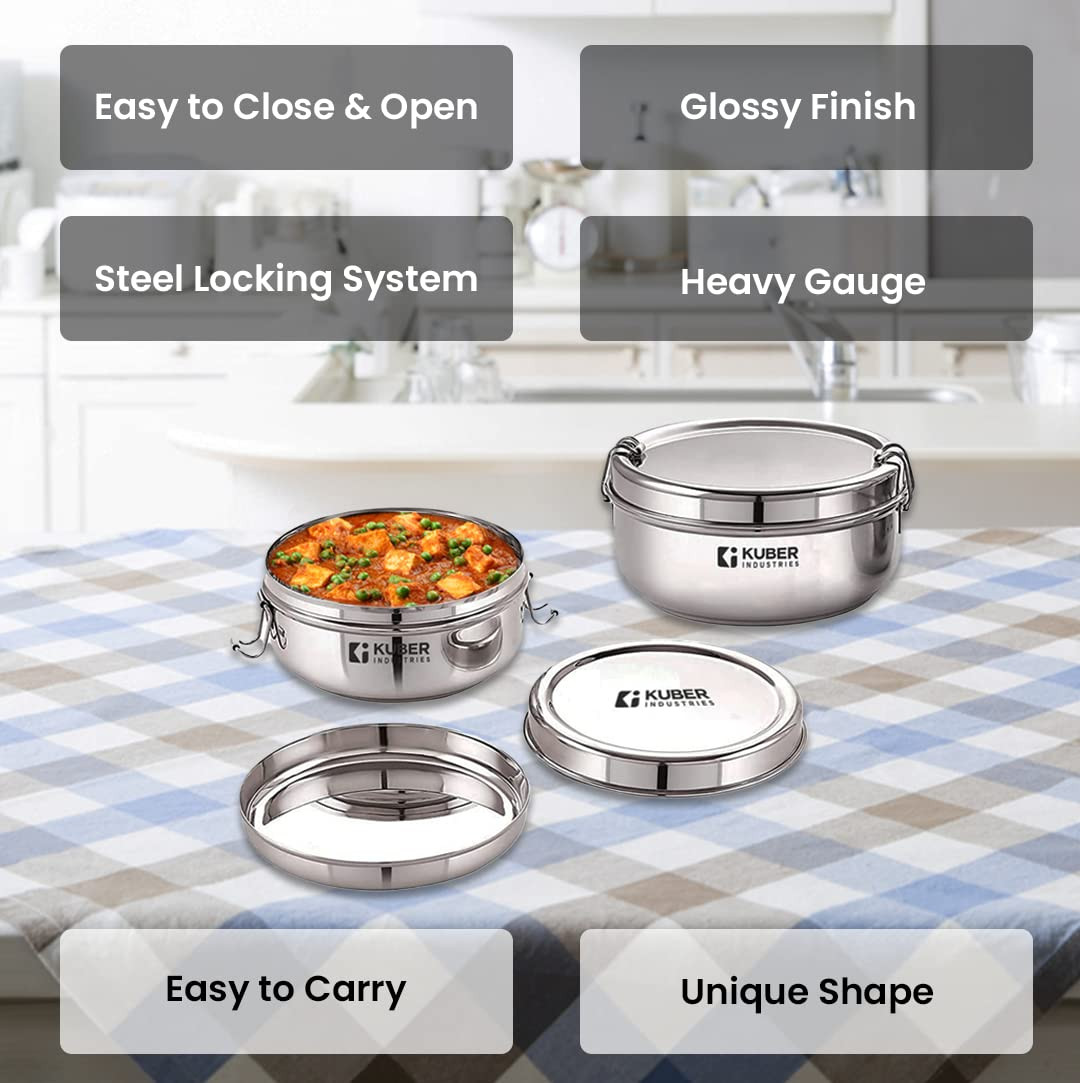 Kuber Industries Set of 2 Stainless Steel Food Pack Lunch Box with Locking ClipI 250 ml and 400 ml I Clip Tiffin Box I Office Home School Tiffin Dabba