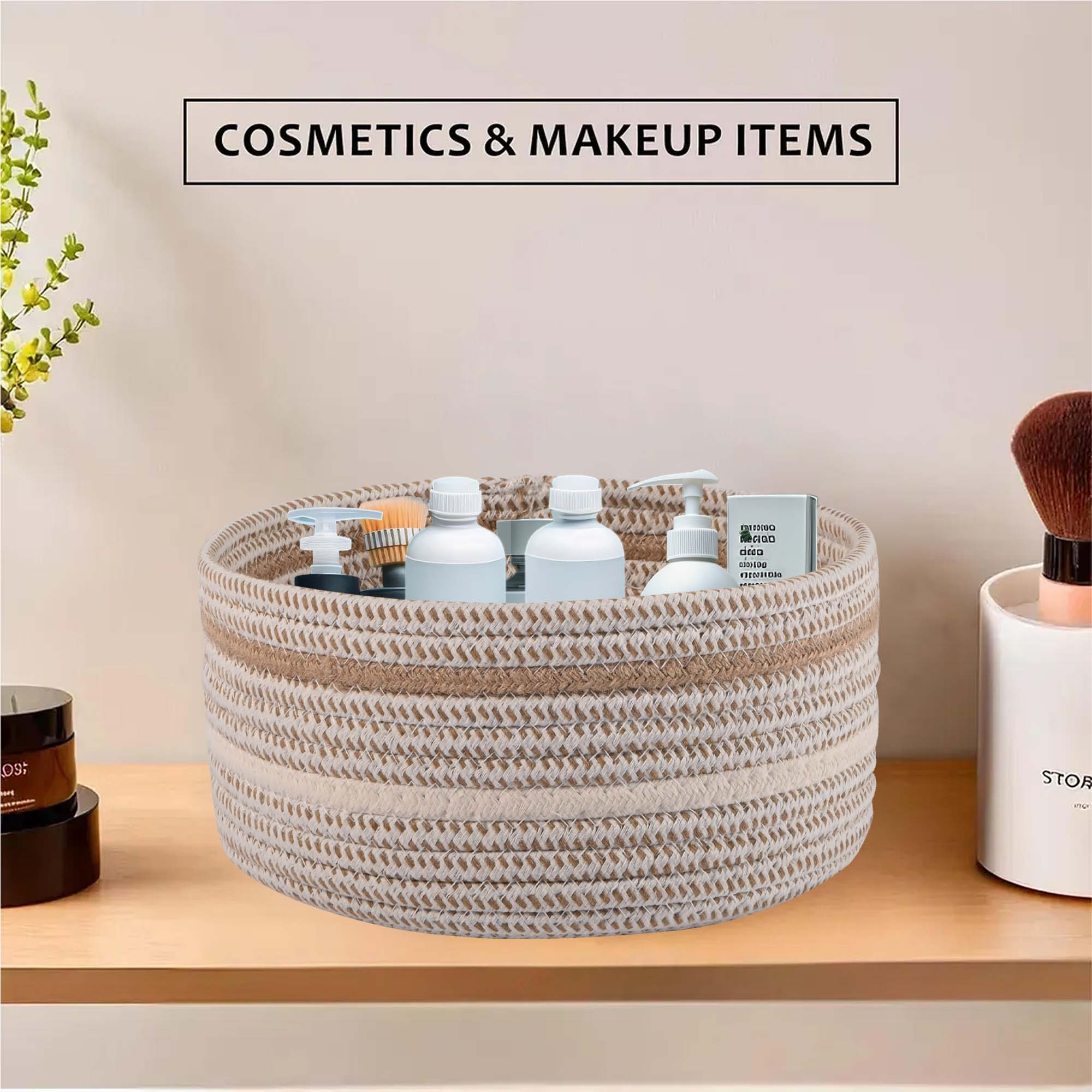 Kuber Industries Set of 3 Aesthetic Foldable Rope Basket for Storage  CosmeticsSkincare Organizer  Key Bowl for Living Room  Basket for Gift Packing  GM-29-KH  KhakiWhite