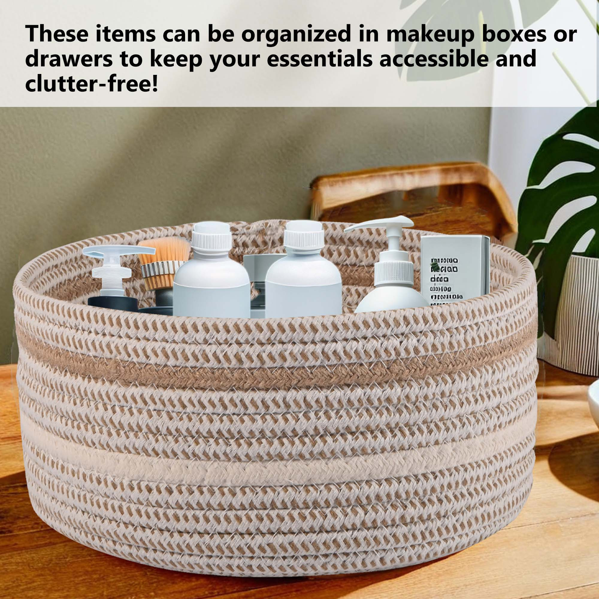 Kuber Industries Set of 3 Aesthetic Foldable Rope Basket for Storage  CosmeticsSkincare Organizer  Key Bowl for Living Room  Basket for Gift Packing  GM-29-KH  KhakiWhite