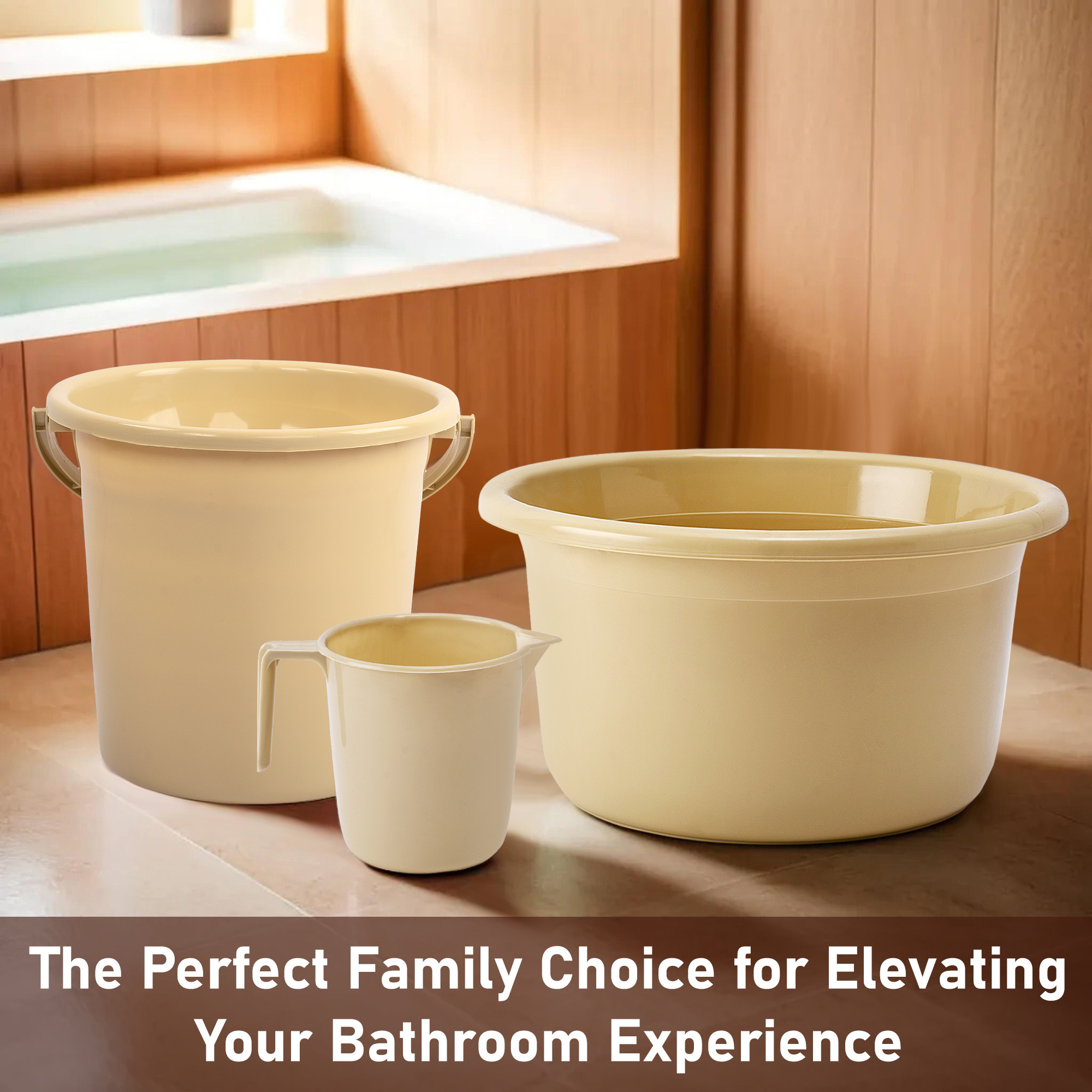 Kuber Industries Set of 3 Bathroom Combo Set  Bathing Set  Bathware Set  Tub-Bucket  Mug Combo Set for Bathroom  Modern Bathroom Accessories Set  Beige