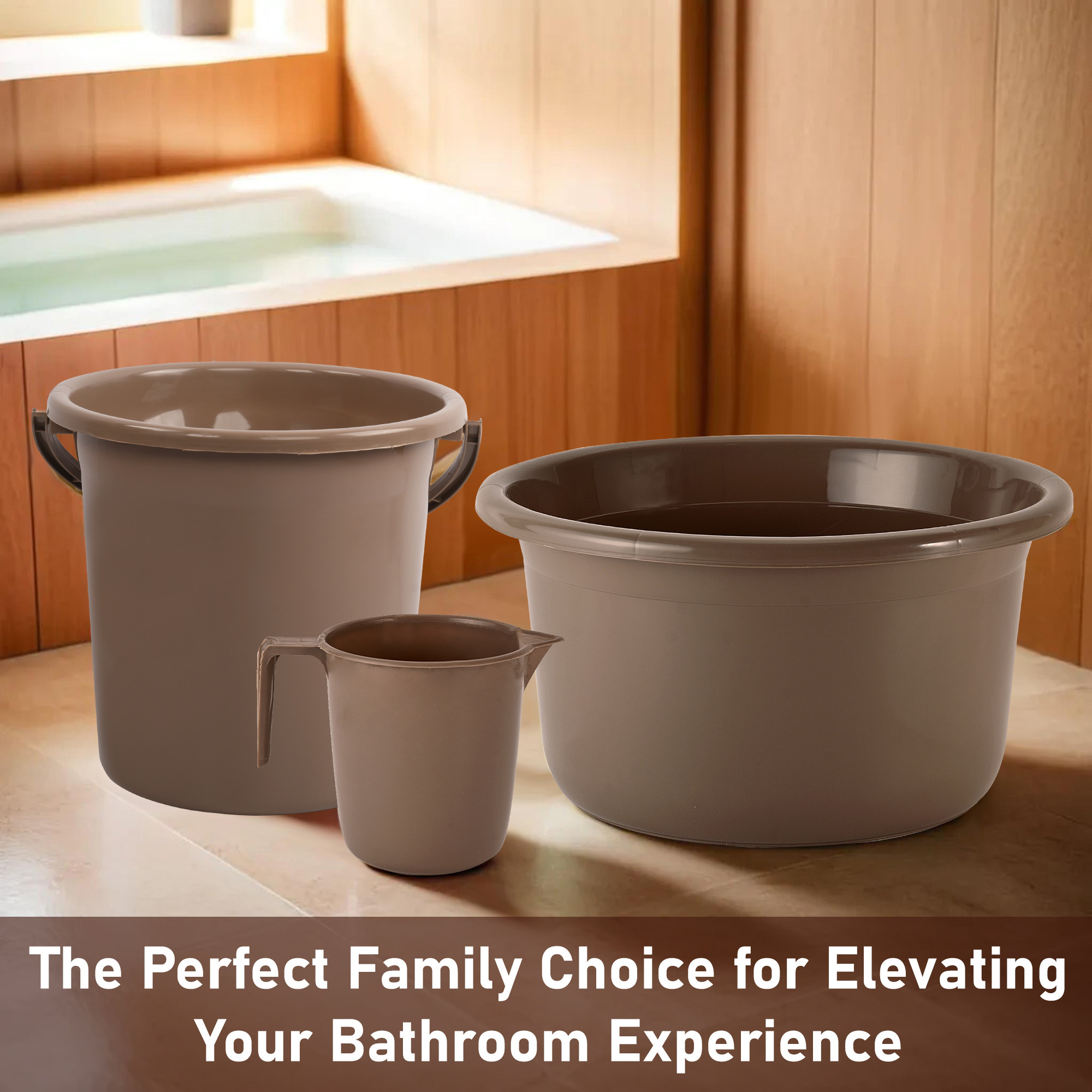 Kuber Industries Set of 3 Bathroom Combo Set  Bathing Set  Bathware Set  Tub-Bucket  Mug Combo Set for Bathroom  Modern Bathroom Accessories Set  Brown
