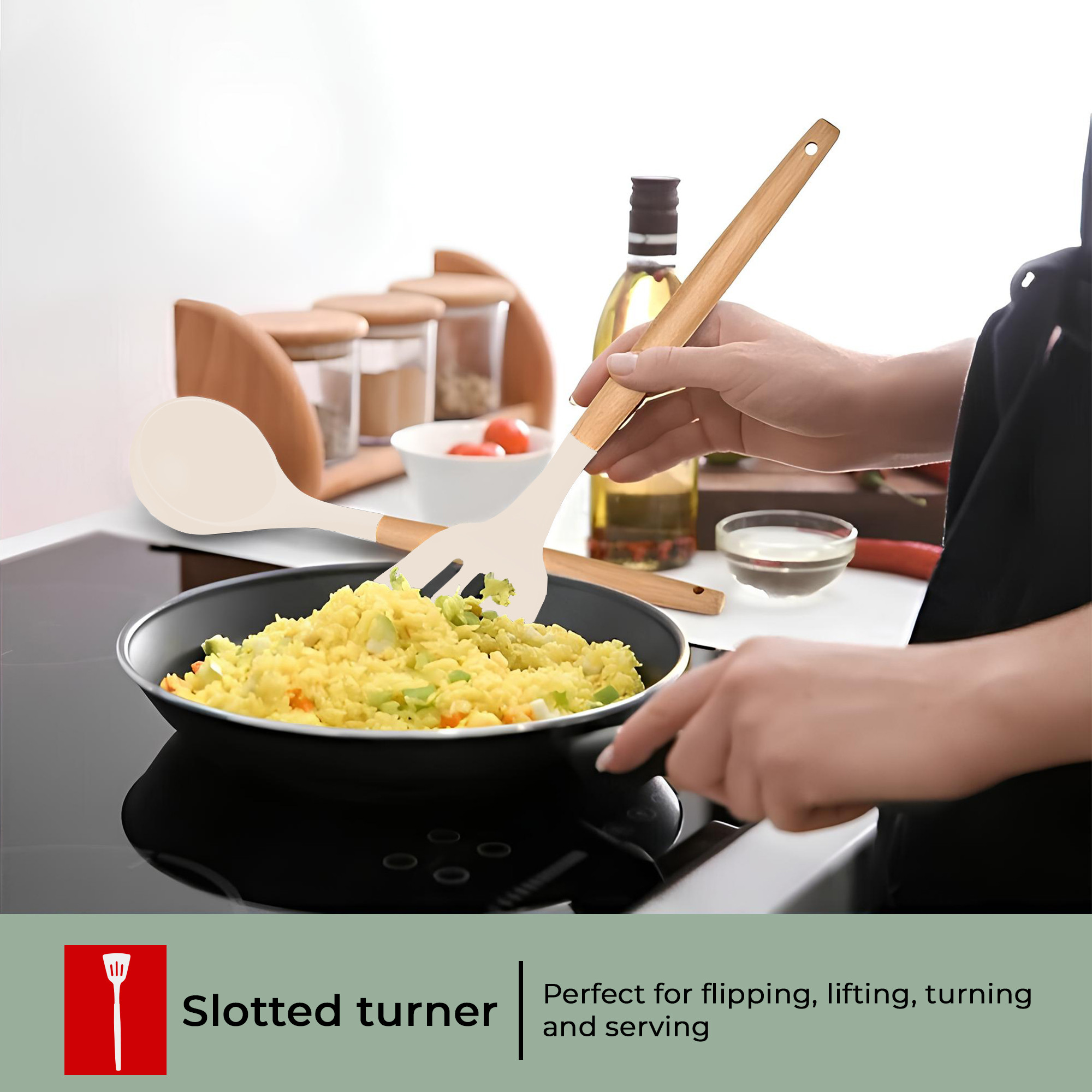 Kuber Industries Set of 3 Heat-Resistant Silicone Kitchen Utensils for Cooking with Wooden Handle  TurnerLadle  Spatula for Non-Stick Pan  Spoon Set for Kitchen  HW-4-WHH  White