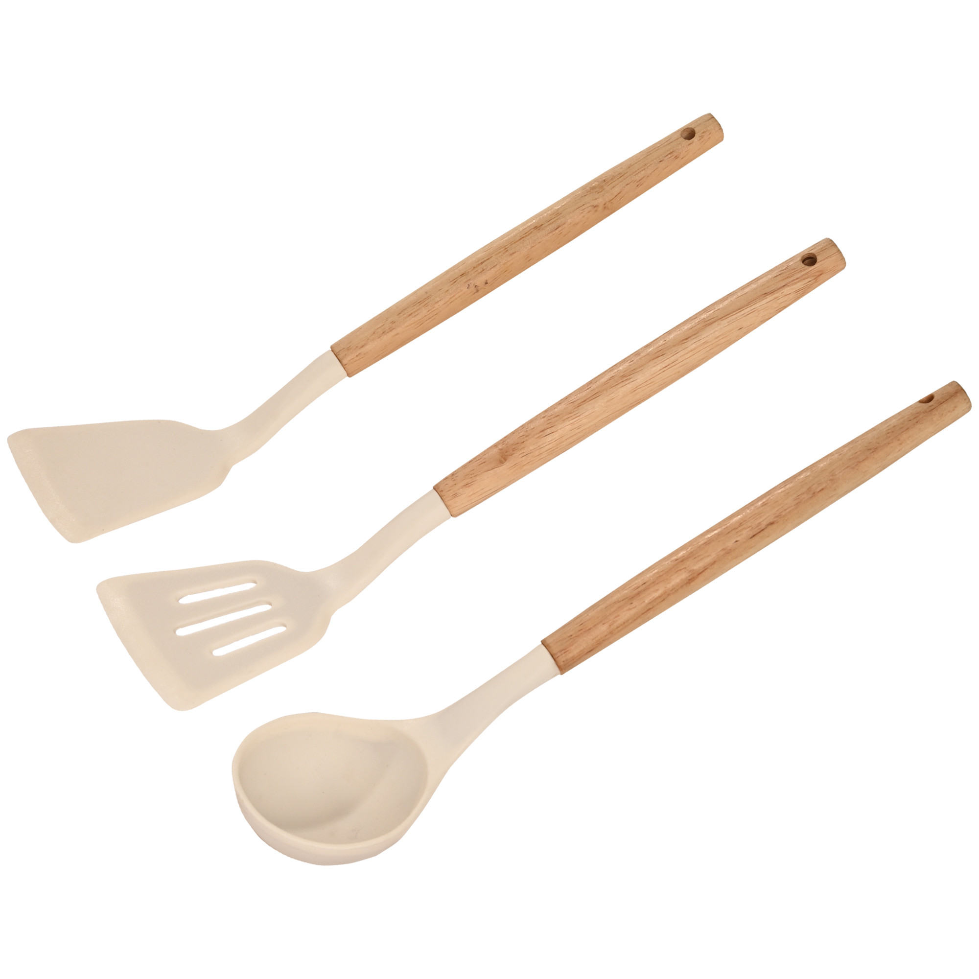 Kuber Industries Set of 3 Heat-Resistant Silicone Kitchen Utensils for Cooking with Wooden Handle  TurnerLadle  Spatula for Non-Stick Pan  Spoon Set for Kitchen  HW-4-WHH  White