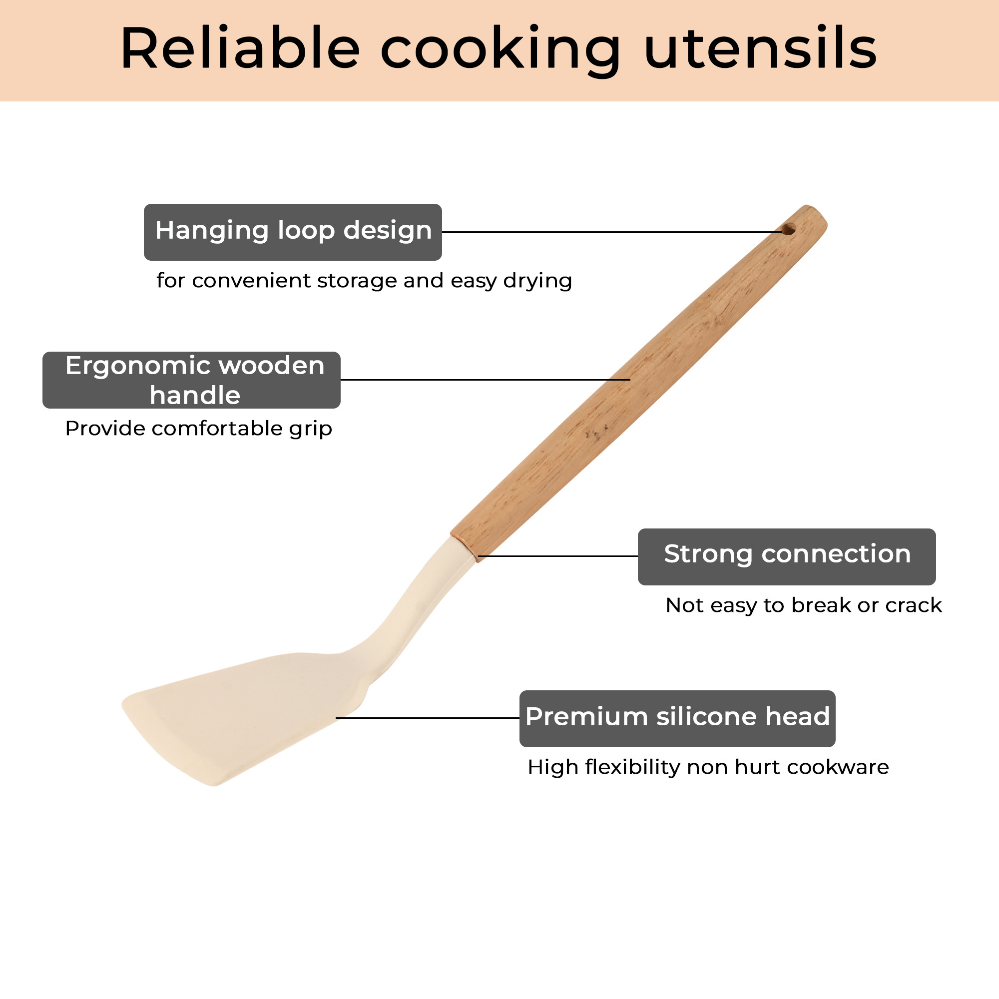 Kuber Industries Set of 3 Heat-Resistant Silicone Kitchen Utensils for Cooking with Wooden Handle  TurnerLadle  Spatula for Non-Stick Pan  Spoon Set for Kitchen  HW-4-WHH  White