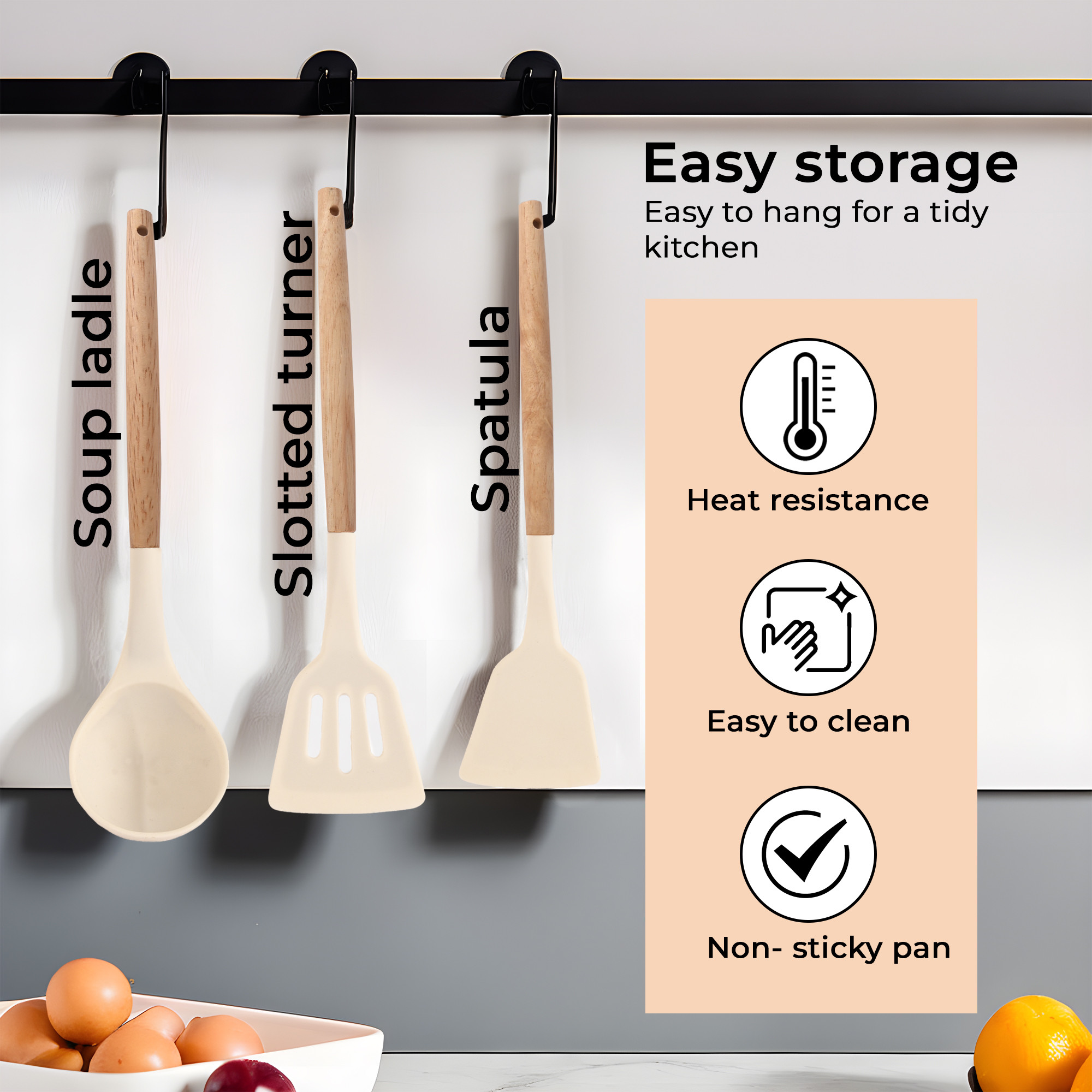 Kuber Industries Set of 3 Heat-Resistant Silicone Kitchen Utensils for Cooking with Wooden Handle  TurnerLadle  Spatula for Non-Stick Pan  Spoon Set for Kitchen  HW-4-WHH  White