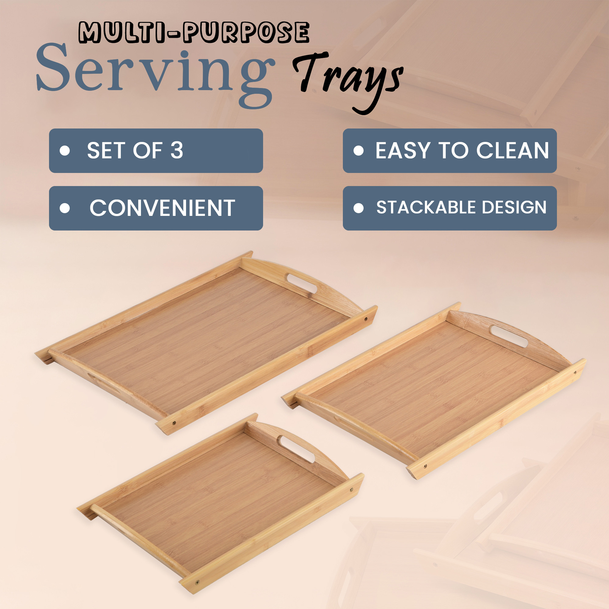 Kuber Industries Set of 3 Multipurpose Bamboo Wooden Serving Trays with Handles for Breakfast Coffee Table Restaurant  Office Organizer  Large Medium And Small Nesting Trays  CX-14  Browm