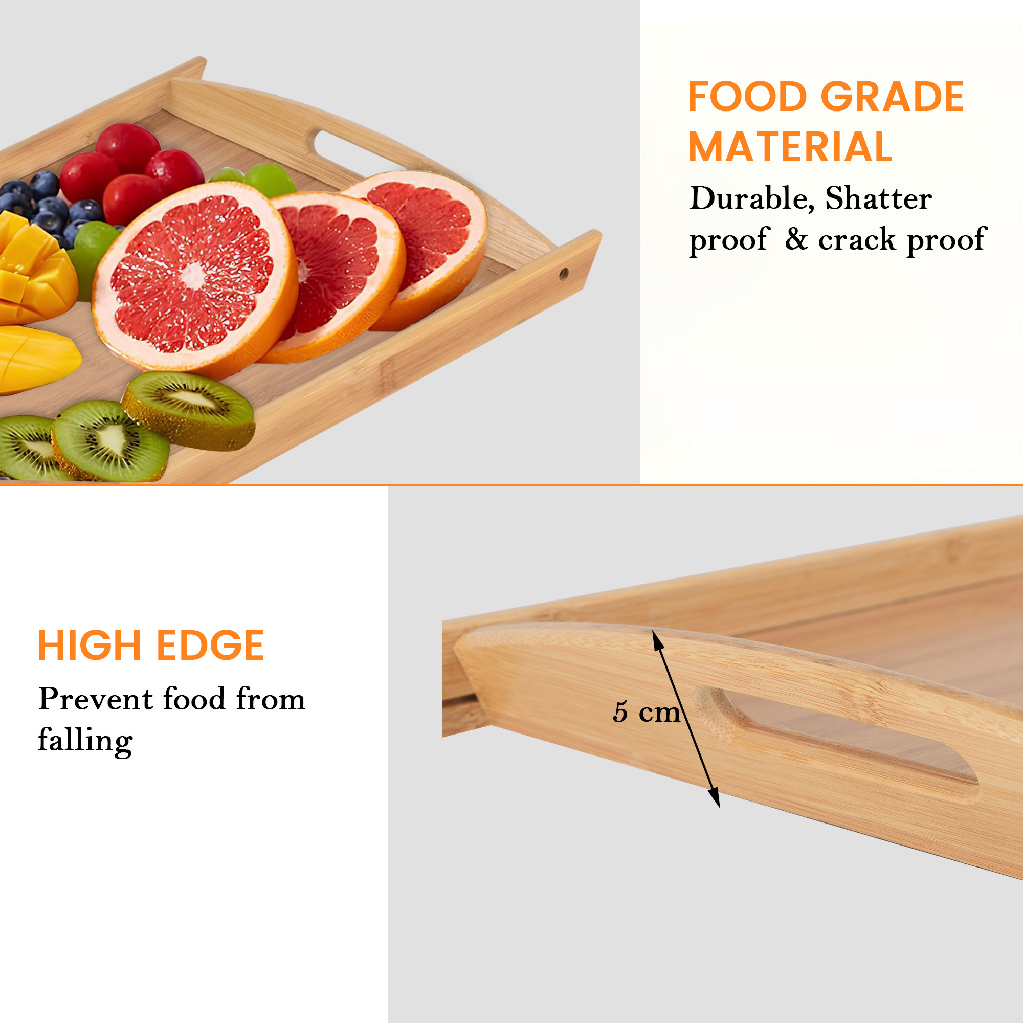 Kuber Industries Set of 3 Multipurpose Bamboo Wooden Serving Trays with Handles for Breakfast Coffee Table Restaurant  Office Organizer  Large Medium And Small Nesting Trays  CX-14  Browm