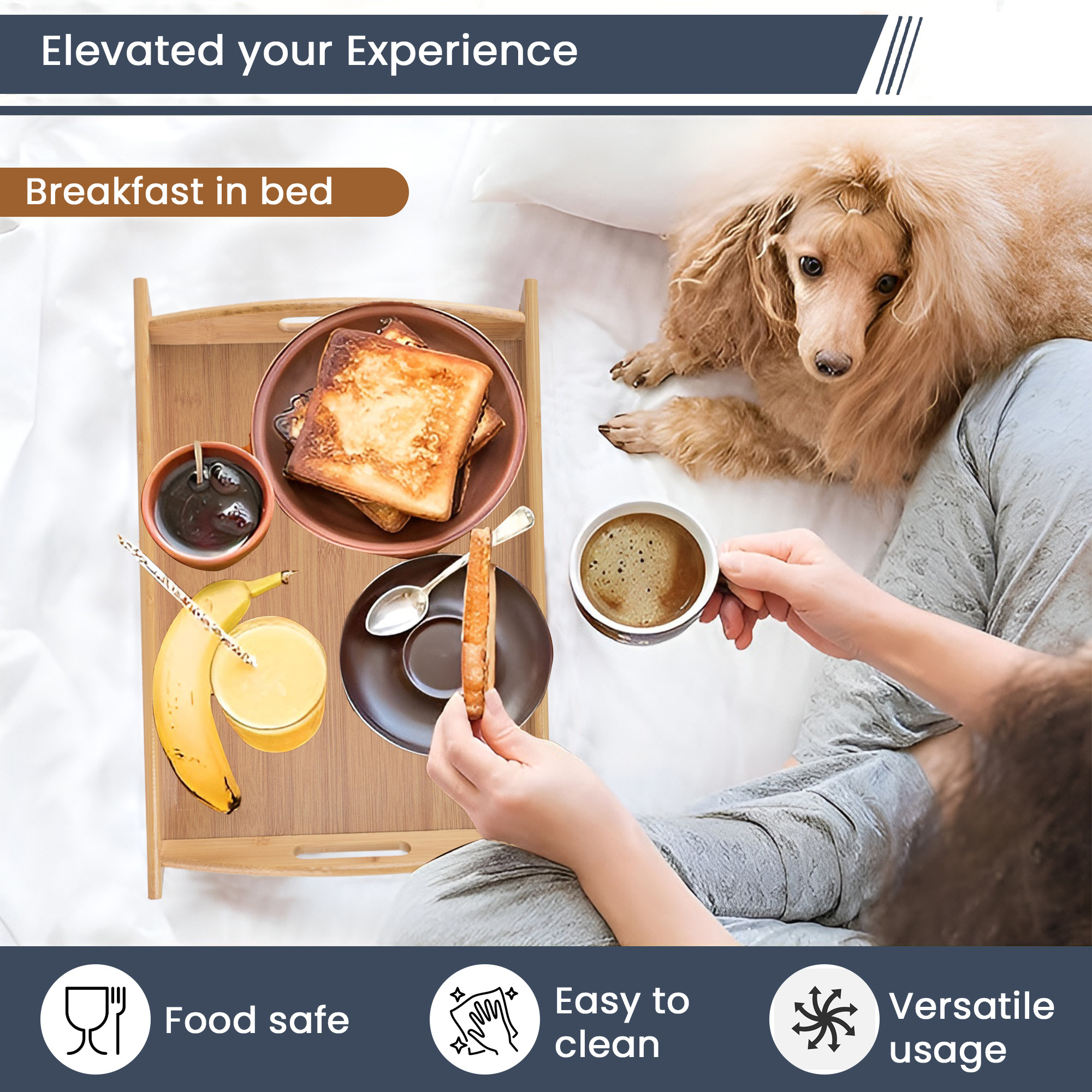 Kuber Industries Set of 3 Multipurpose Bamboo Wooden Serving Trays with Handles for Breakfast Coffee Table Restaurant  Office Organizer  Large Medium And Small Nesting Trays  CX-14  Browm