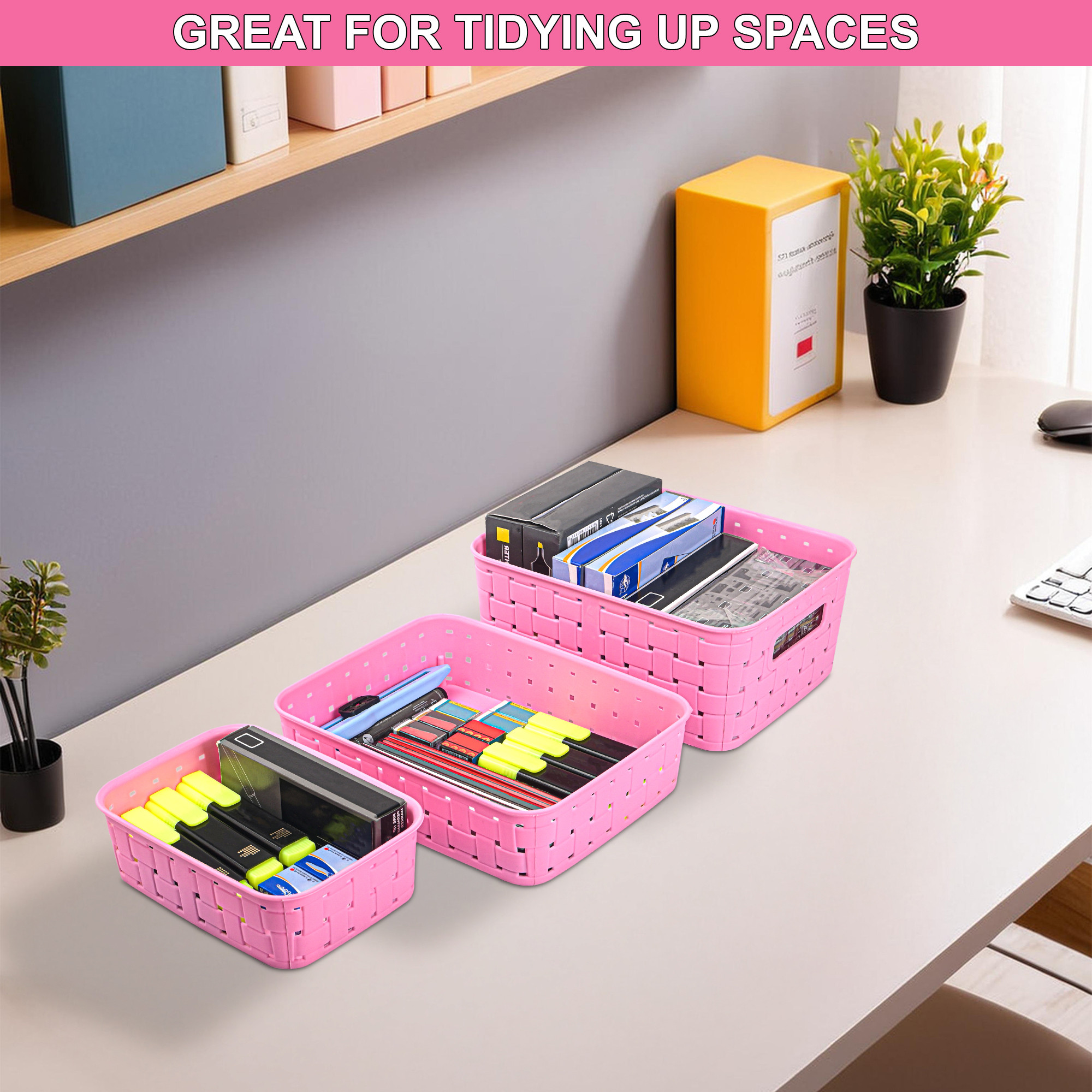 Kuber Industries Set of 3 Plastic Bpa Free Multipurpose Basket for Storage Organizer  Stationery Cosmetic Kitchen Items  Bathroom Organiser Tray for Toiletries  Pink