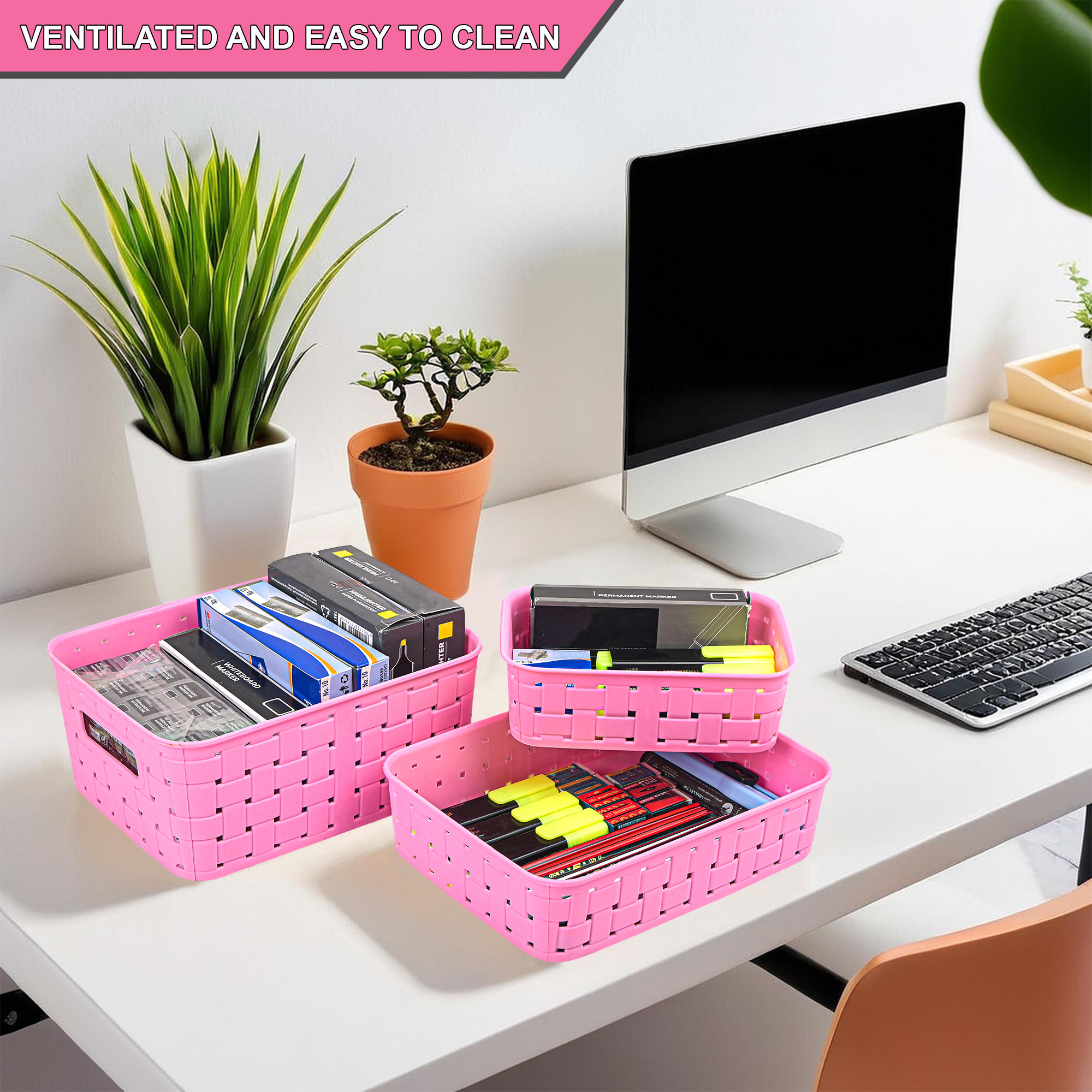 Kuber Industries Set of 3 Plastic Bpa Free Multipurpose Basket for Storage Organizer  Stationery Cosmetic Kitchen Items  Bathroom Organiser Tray for Toiletries  Pink
