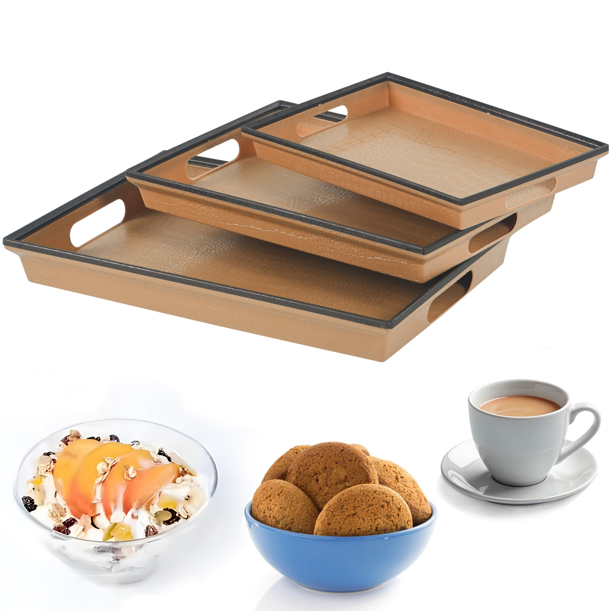 Kuber Industries Set of 3 Plastic Modern Style Serving Trays  Multipurpose Durable Platter Use Home  Kitchen  Ideal for Serve Tea Snacks Dry fruits  Sweets  Large Medium And Small  Brown  Black