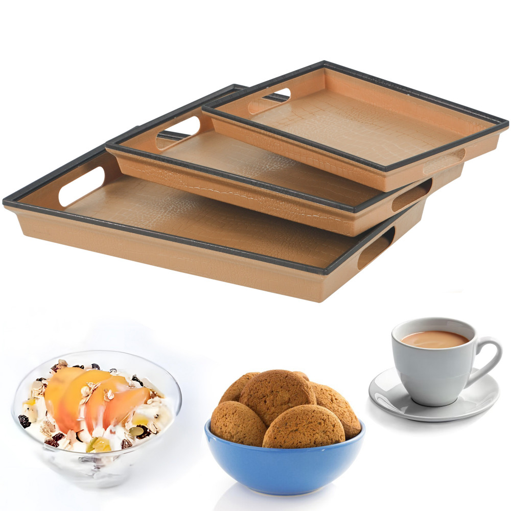 Image of Kuber Industries Set of 3 Plastic Modern Style Serving Trays | Multipurpose Durable Platter Use Home &amp; Kitchen | Ideal for Serve Tea, Snacks, Dry fruits &amp; Sweets | Large, Medium And Small | Brown &amp; Black