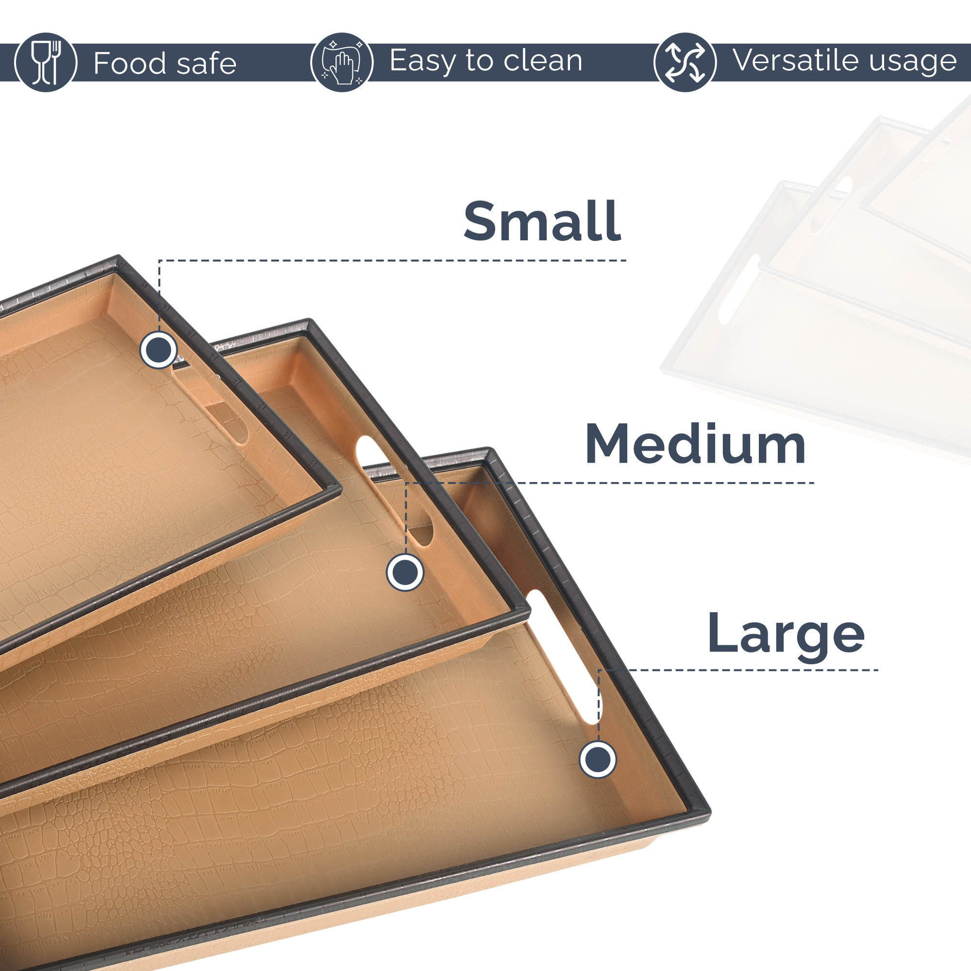 Kuber Industries Set of 3 Plastic Modern Style Serving Trays  Multipurpose Durable Platter Use Home  Kitchen  Ideal for Serve Tea Snacks Dry fruits  Sweets  Large Medium And Small  Brown  Black