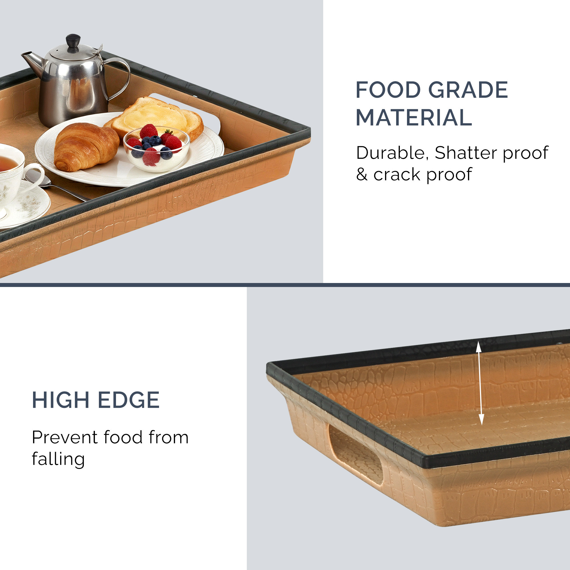 Kuber Industries Set of 3 Plastic Modern Style Serving Trays  Multipurpose Durable Platter Use Home  Kitchen  Ideal for Serve Tea Snacks Dry fruits  Sweets  Large Medium And Small  Brown  Black