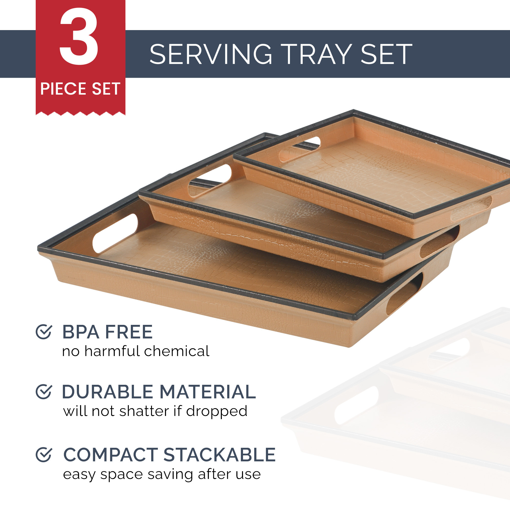 Kuber Industries Set of 3 Plastic Modern Style Serving Trays  Multipurpose Durable Platter Use Home  Kitchen  Ideal for Serve Tea Snacks Dry fruits  Sweets  Large Medium And Small  Brown  Black